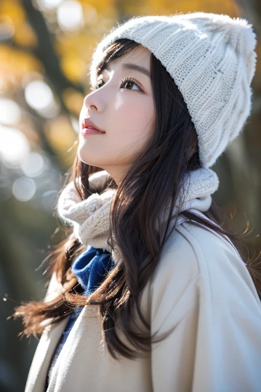 ((top-quality、8k、masuter piece:1.3))、(Beautiful, realistic Japan people),1 female、Winter coat、(big breasts:1.2)、muffler、Yarn hat、gloves、hyperdetailed face、High detailed lips、A detailed eye、double eyelid 、snowflakes falling、White breath、sideways Facing、look up sky、large tree、naturey、kou、a white world、
