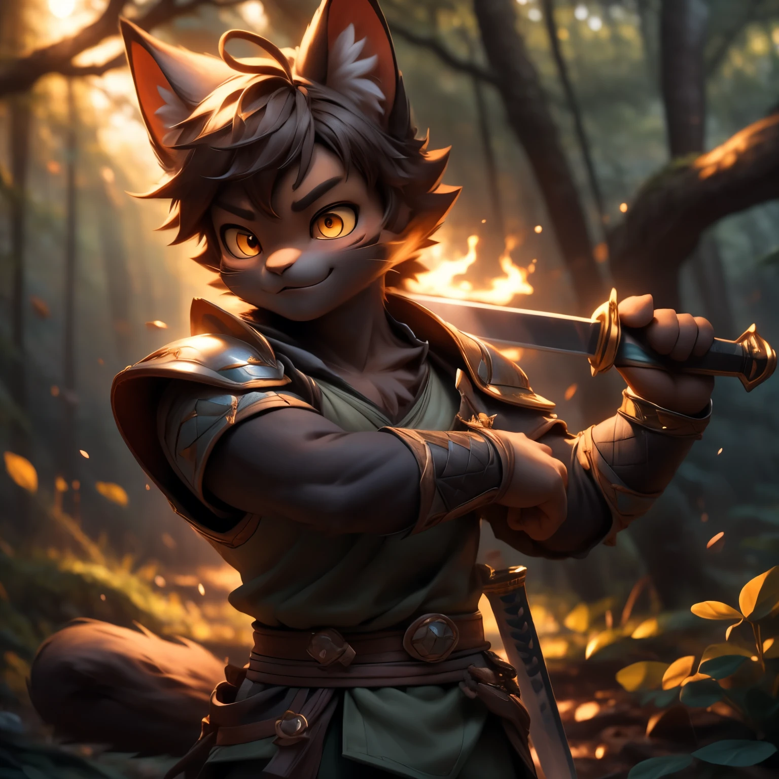 比類のないmasterpiece, Ultra-realistic 8k CG, perfect artwork, 8k wallpaper, {{{masterpiece}} }, Tonkinese,Black and brown cat,Handsome guy,in the forest,Sword and Armor,smile,challenging,Yellow with black eyes,
