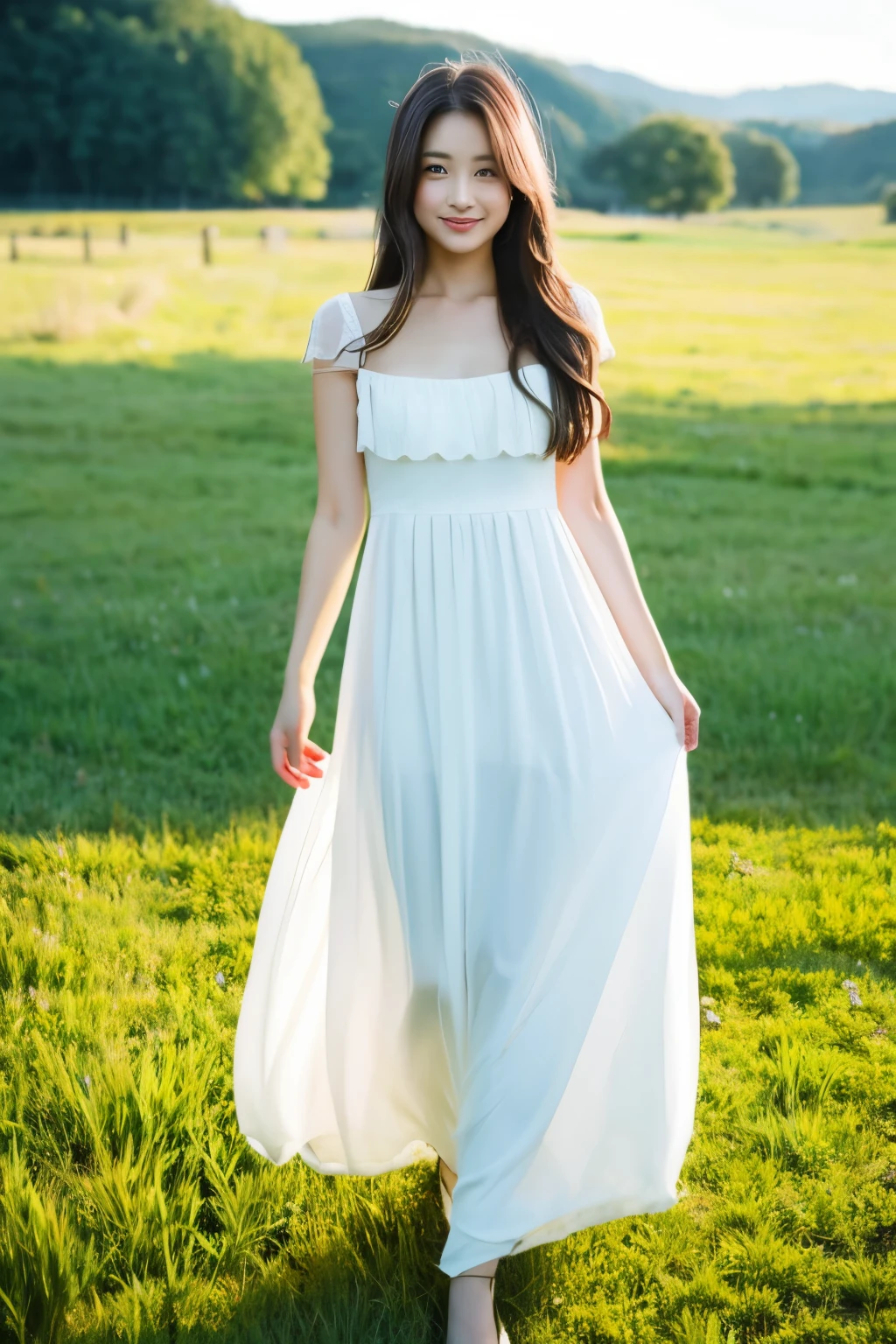 grassland、white dress、long haired woman、( watercolor painting:0.5)、