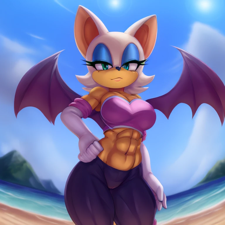 a digital artwork of Rouge the bat with abs wearing a crop top of her original outfit with a bare midriff and a bare navel , digital art, ((perfect face)), ((best quality)), ((masterpiece)), she has a tan midriff