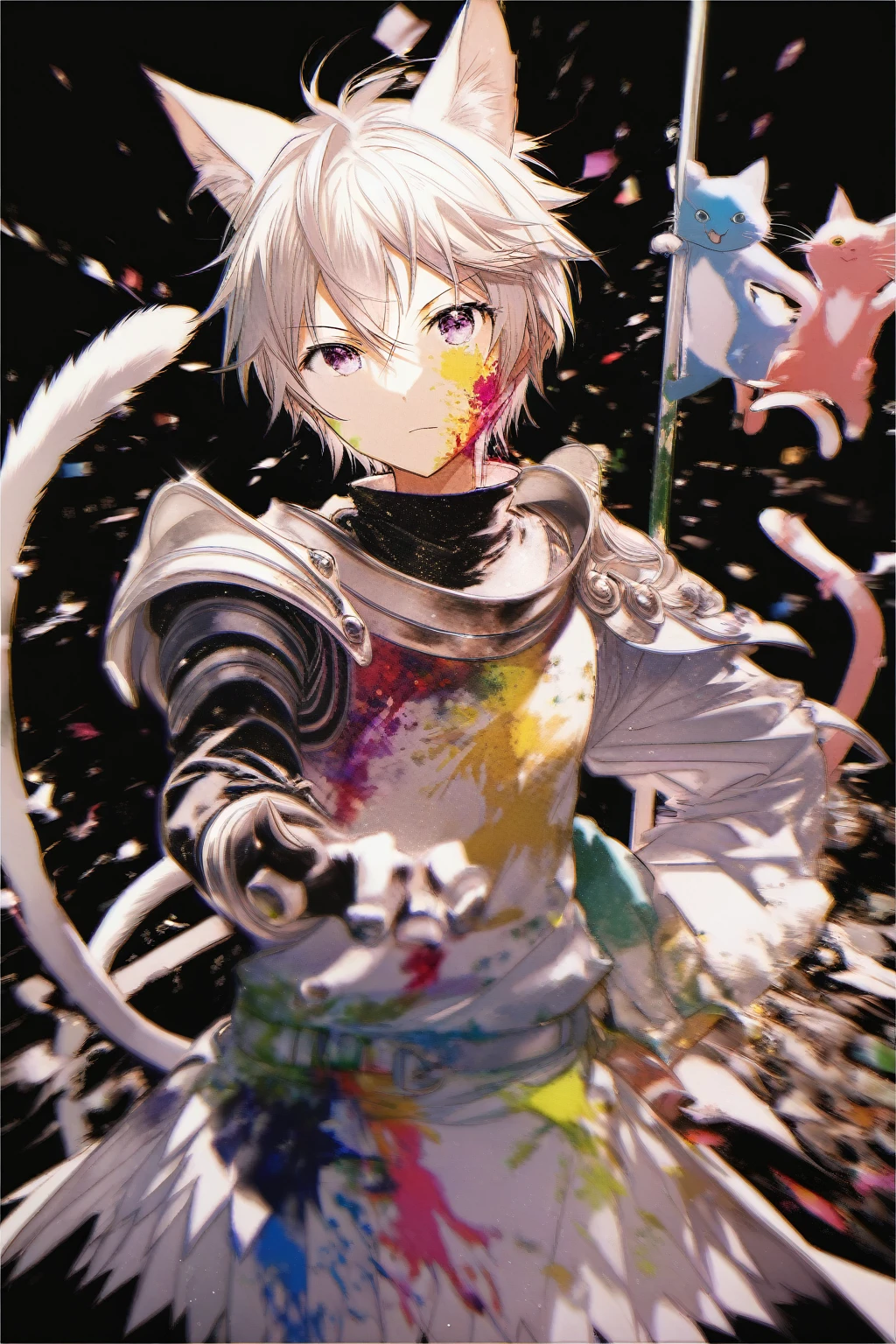 by rella, by Yoshitaka Amano, (Cat Knight), (cat), (cat ears), cat tail, brave pose, black background, chromatic aberration, paint splatter, paint, paint splatter on face