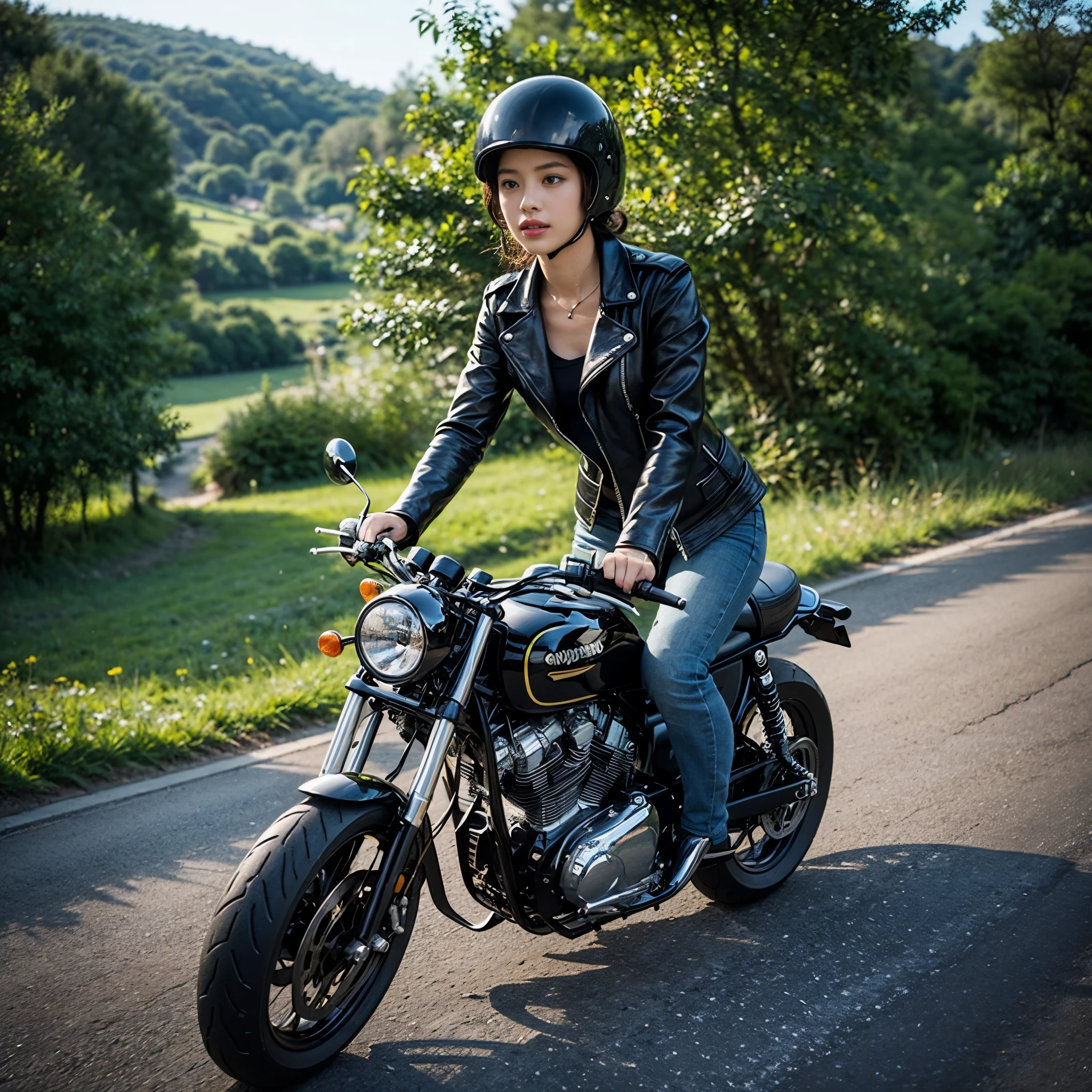 A girl riding a café racer motorcycle, wearing a black leather jacket and black boots, with a retro helmet. The motorcycle has a sleek and glossy black body with silver accents. The girl has beautiful detailed eyes and lips, with long eyelashes. The café racer is speeding through a curved road in the countryside, with trees and green fields in the background. The sunlight is casting a warm and nostalgic glow on the scene. The image should have the best quality, with ultra-detailed rendering and realistic colors. The overall style should be a mix of concept art and photography, with a vintage tone.