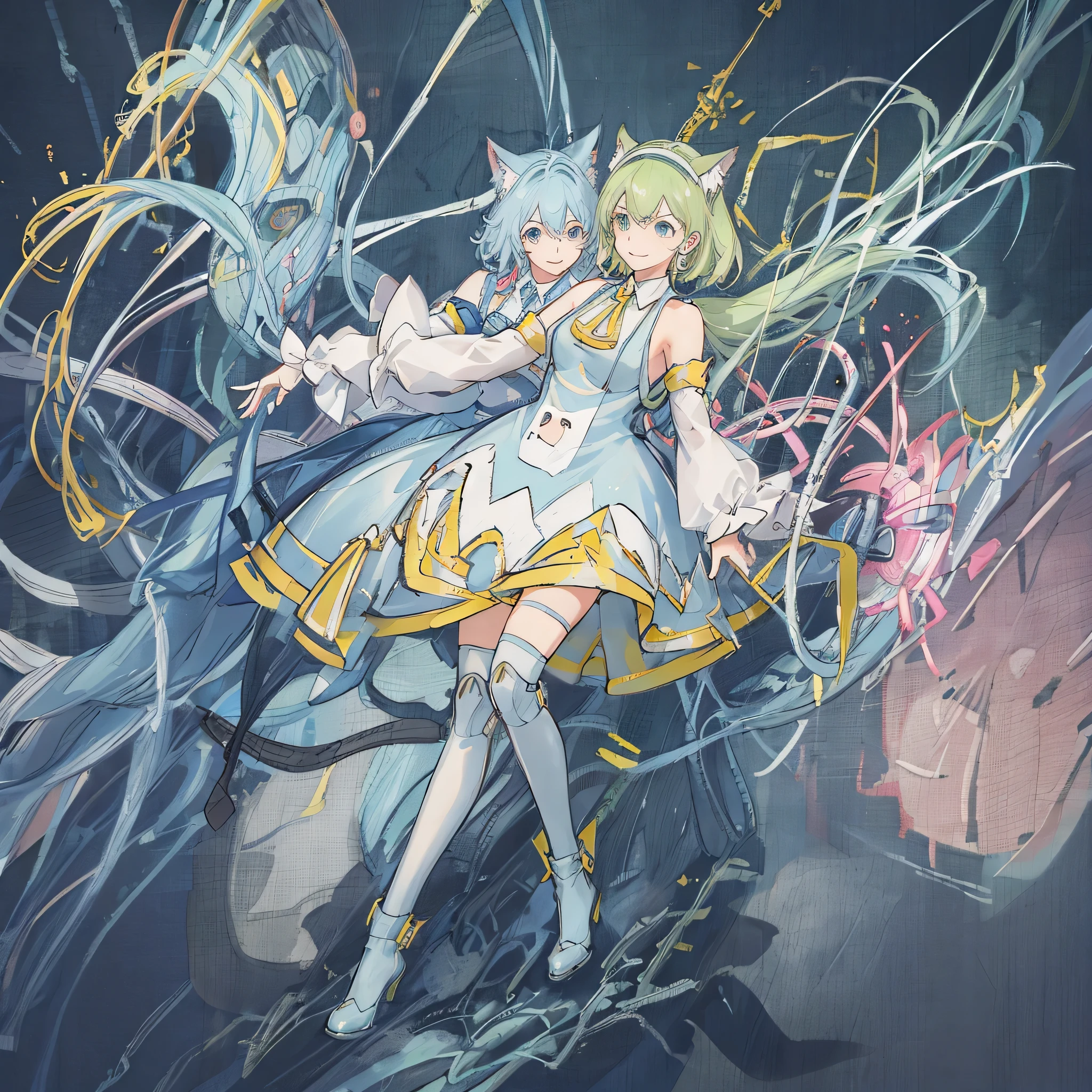 1girl,Deltamon,Light green short bob hair、Light green cat ears headband、Exposing shoulder skin、((Mechanical legs))、light blue tail、pink school bag、light blue dress、White armsleeves、light blue high socks、pink shoes、Triangular metal emblem on chest、Large pocket in the center of the abdomen,break, live,live performance, spotlight