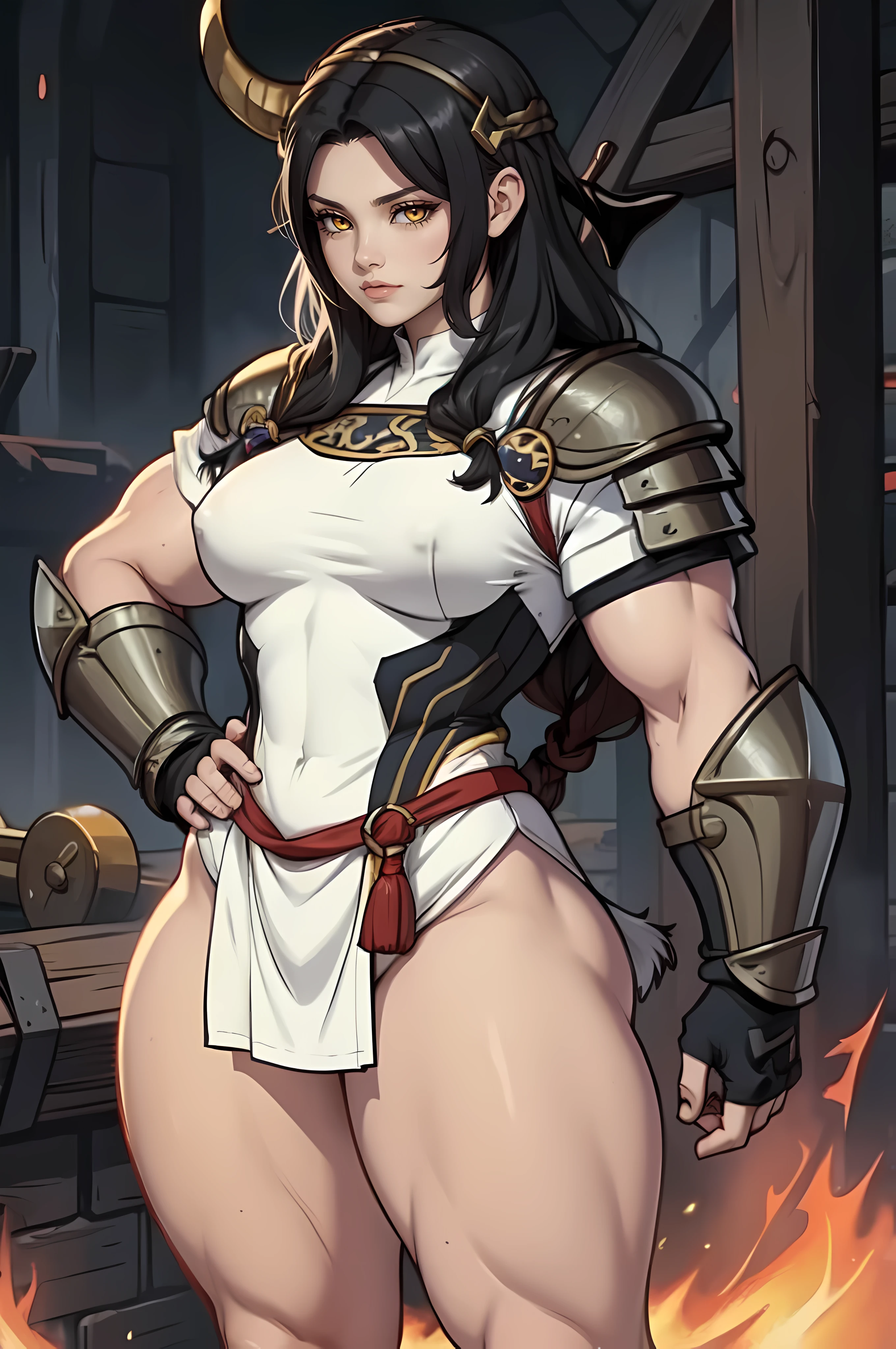 (((muscular))), (thick thighs, small breasts, toned body, 1 girl), black hair, pale skin, yellow eyes, angry, very long hair (((viking armor)))
