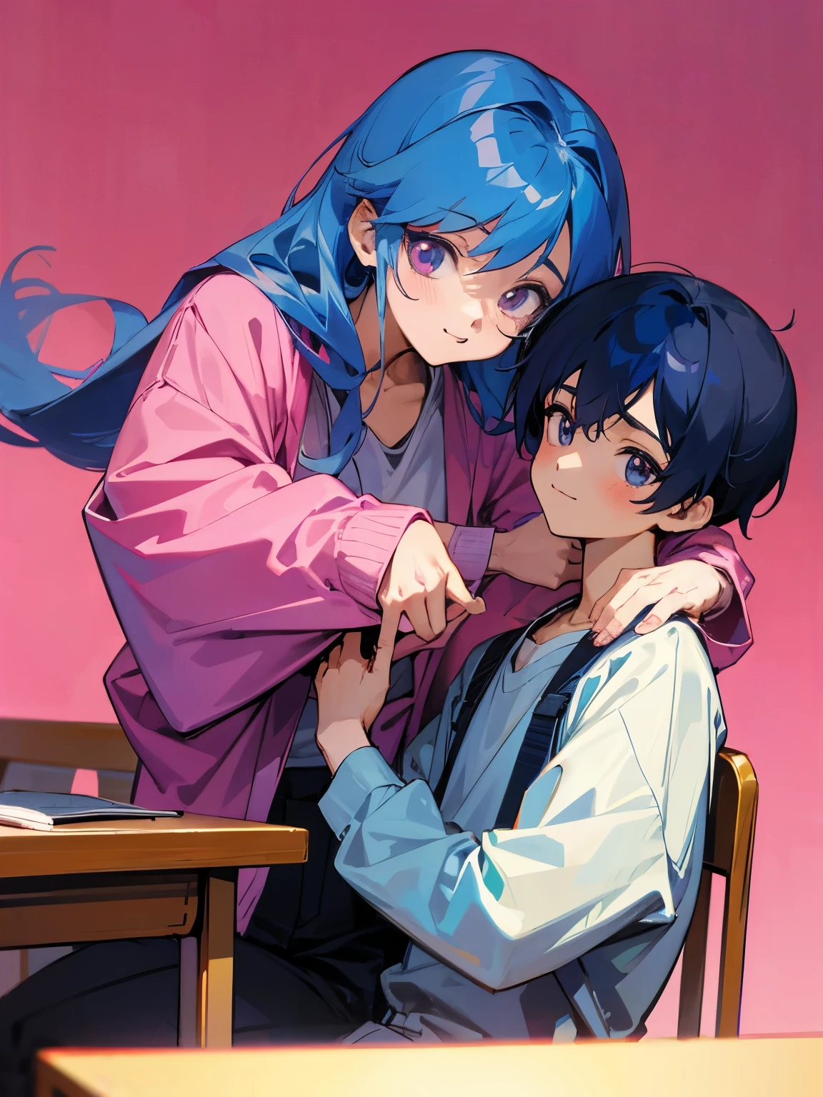 cartoon of two boys sitting at a table with a book and a backpack, ddlc, in the art style of 8 0 s anime, 9 0 s anime style, 90s anime style, in anime style, in an anime style, anime aesthetic, anime vibes, 9 0 s anime aesthetic, 9 0 s anime art style, lofi boy, typical anime classroom, beautiful background window, two cute boys, beautiful faces, two boys, don't extra hands, NO extra hands, generate two boys with NO extra hands, NO extra arm