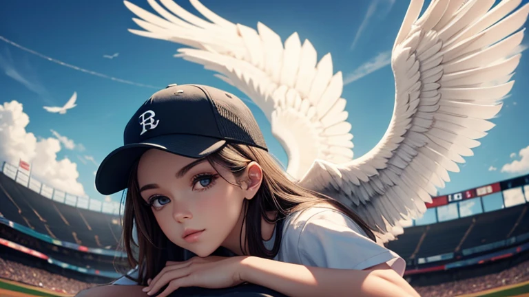 One feathered angel in a baseball cap.