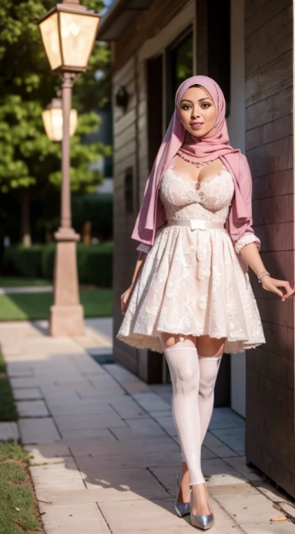 RAW, Best quality, high resolution, masterpiece: 1.3), beautiful Malay woman in hijab, Masterpiece, perfect slim body, big breasts, beautiful big eyes, Soft smile, wearing a pink hot wedding dress, thigh high stockings, silver high heels, necklace, walking around evening, City park, Great lighting, Bright colors, Bright lines