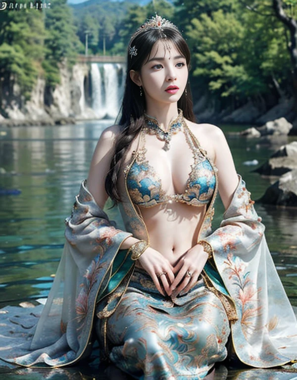 (heavy breasts)、top-quality、​masterpiece、超A high resolution、（Silver Dragon Armor）、(((Colossal tits))),dragon armor、(((large floral ornament on the head))),(((Detailed Micro Bikini))),(Wearing a beautiful crown made of jewels),(Photorealsitic:1.4)、Raw photo、1 girl、(((Random hair))、(((Take different poses)))、glowy skin、(((White Chinese Dragon)))、Intricate and ornate hair ornaments、（Gorgeous Jewelry Necklaceystical expression）、（Full Body Angle）、（Fight big dragonetal bikini）、((beautiful lake background)),(beautiful forest background)、Precipitous cliffs、(Castle background)、((super realistic details))、portlate、globalillumination、（sexypose）、Shadow、octan render、8K、ultrasharp、Colossal 、Raw skin is exposed in cleavage、metals、Details of complex ornaments、Japan details、highly intricate detail、Blue eyes、radiant eyes、Facing the camera、Toostock、（Full Body Angle）、（veils）、(((Heavy Big))),((she is wearing a beautiful jeweled bangle.)),