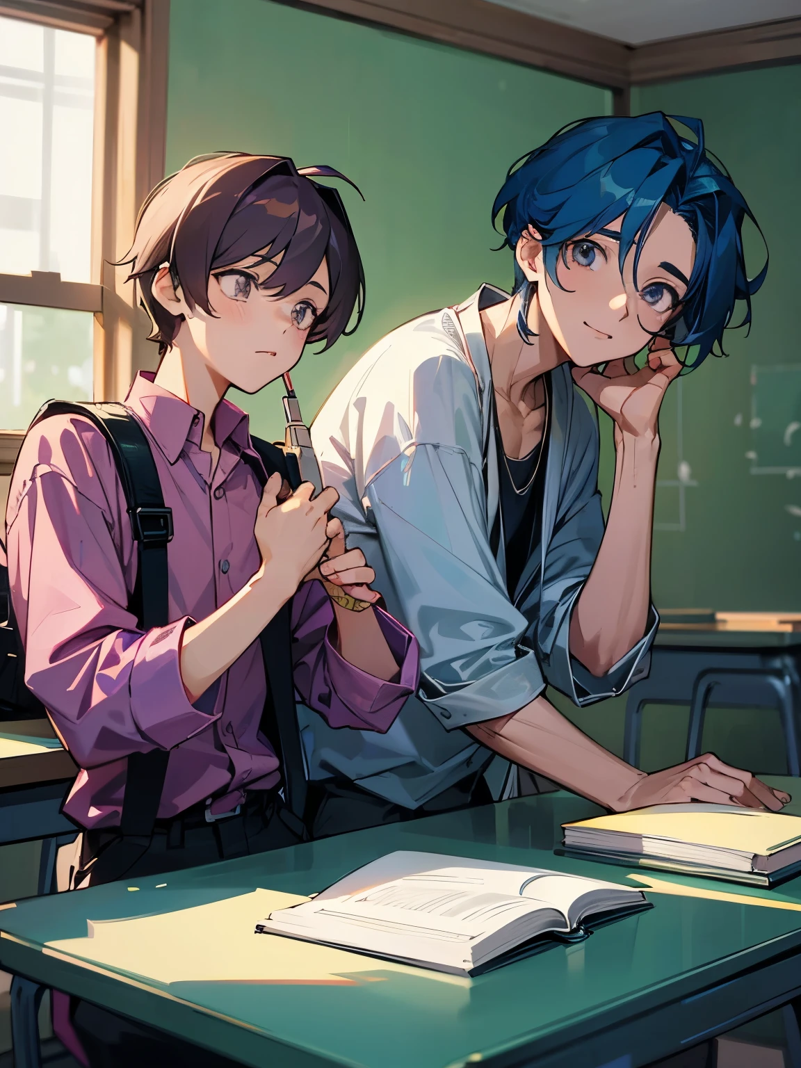 cartoon of two boys sitting at a table with a book and a backpack, ddlc, in the art style of 8 0 s anime, 9 0 s anime style, 90s anime style, in anime style, in an anime style, anime aesthetic, anime vibes, 9 0 s anime aesthetic, 9 0 s anime art style, lofi boy, typical anime classroom, beautiful background window, two cute boys, beautiful faces, two boys, don't extra hands, NO extra hands, generate two boys with NO extra hands, NO extra arm