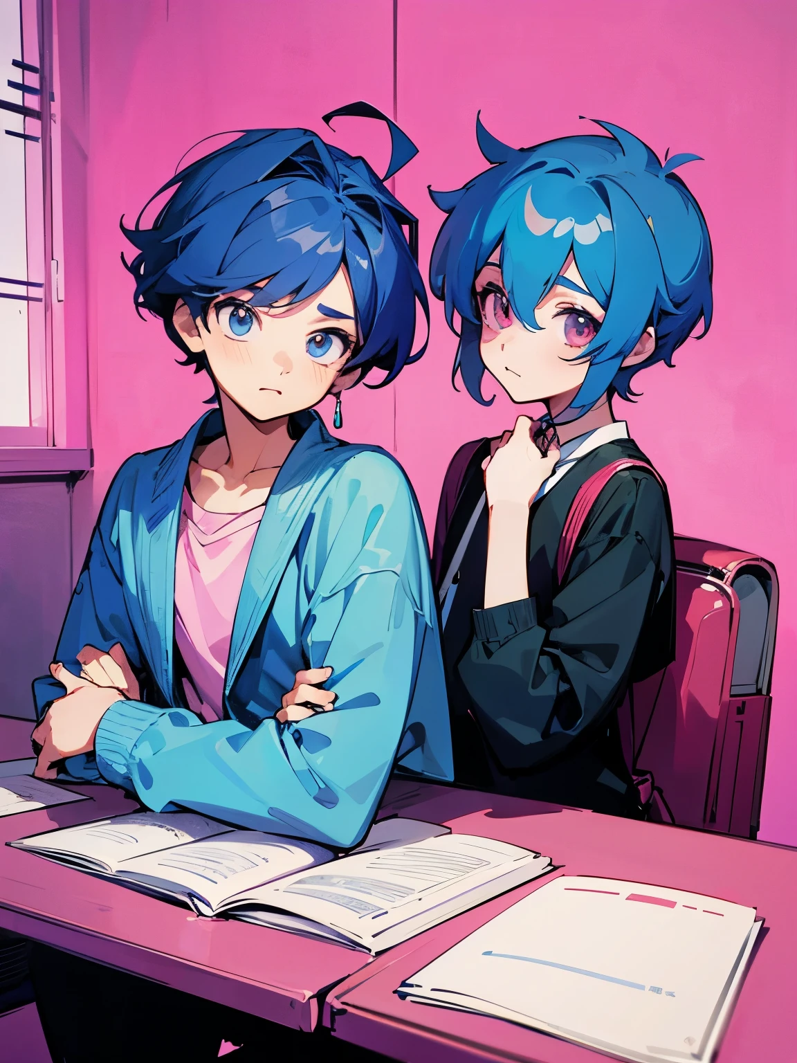 cartoon of two boys sitting at a table with a book and a backpack, ddlc, in the art style of 8 0 s anime, 9 0 s anime style, 90s anime style, in anime style, in an anime style, anime aesthetic, anime vibes, 9 0 s anime aesthetic, 9 0 s anime art style, lofi boy, typical anime classroom, beautiful background window, two cute boys, beautiful faces, two boys, don't extra hands, NO extra hands, generate two boys with NO extra hands, NO extra arm