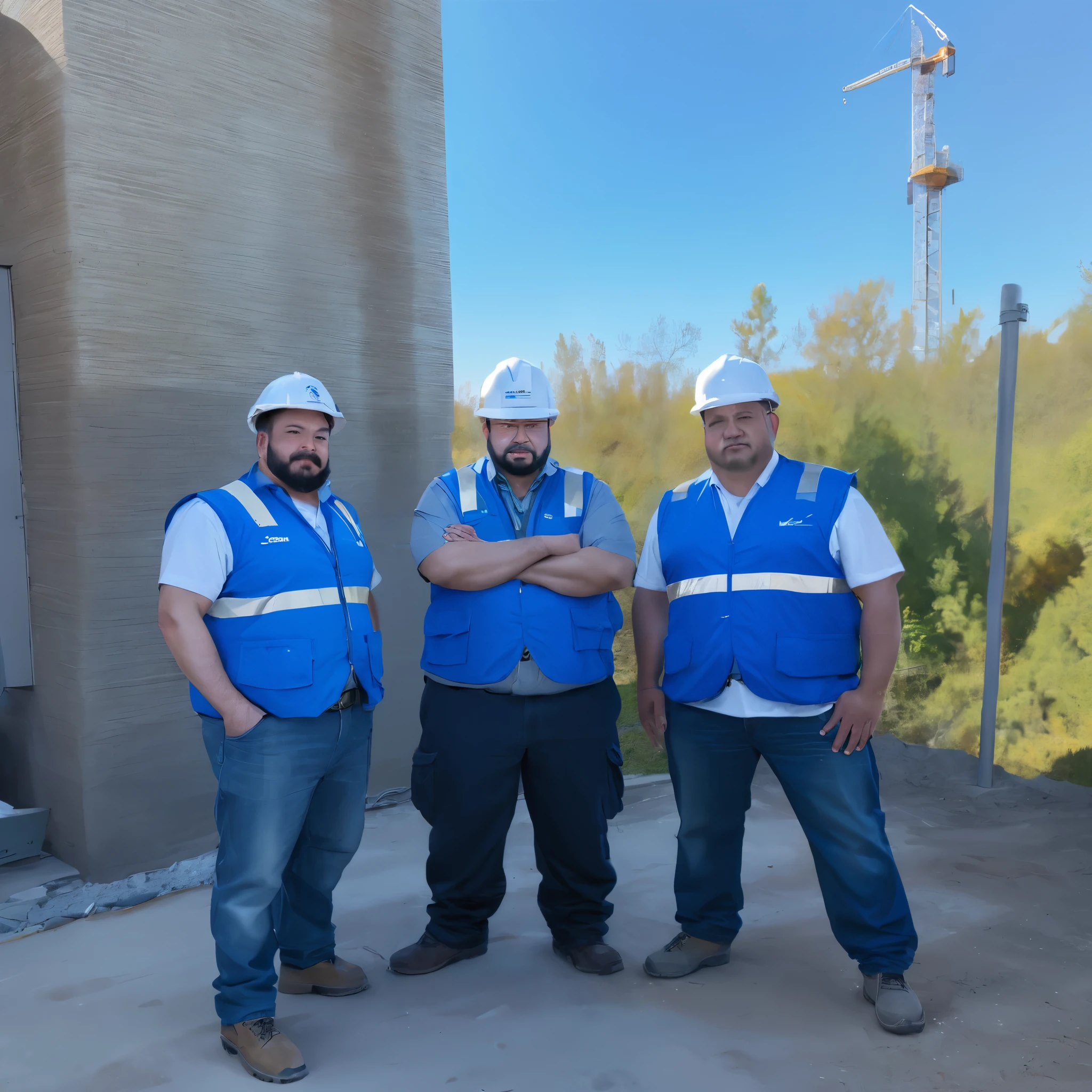 three men in blue vests and hard hats standing in front of a building, photo taken in 2 0 2 0, consectetur adipiscing elit, photo taken in 2018, portrait shot, very very hard quality picture, professional work, full - body shot, full-body shot, photo portrait, high quality photo, looking confident