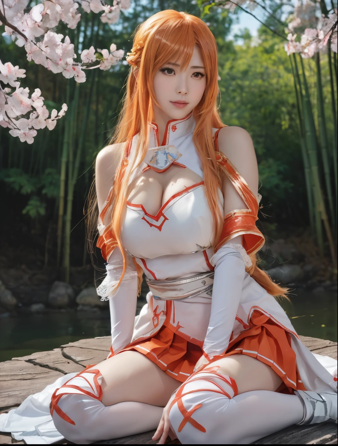 anime style, (masterpiece:1.35),(bestquality:1.4), 8k,ultra-detailed, photography, (ultra-realistic:1.4), film grain, Fujifilm XT3, depth of field, female focus, mature female, (sexy Asian female:1.45), adult, looking at viewer, bare shoulders, blush, closed mouth, seductive smile, fresh lips, detached sleeves, earrings, fingernails, hair between eyes, hair bangs, (orange hair)!!, hair braid, very long hair, detailed realistic hair, japanese clothes, kimono clothes, detailed realistic clothes, jewelry, detailed jewelry, short dumbbell neck, neck garter, leather necklace, plump breasts, (breast cleavage)!!, super seductive temptation, open skirt, slim legs, petticoat, fishnet legs, stockigs, smooth thighs cleavage, garter thighs, armpit, sword on the waist, erotic, nontraditional asuna, colored sharp eyes, detailed eyes, (shiny eyes pupils:1.25)!!, (homochromatic eyes)!!, cherry blossom, (sit down at river)!!, There are birds in the sky, There are butterflies, bamboo forest in the background, The sky is blue, river, asuna \(Sword Art Online\), (correct anatomically)!!