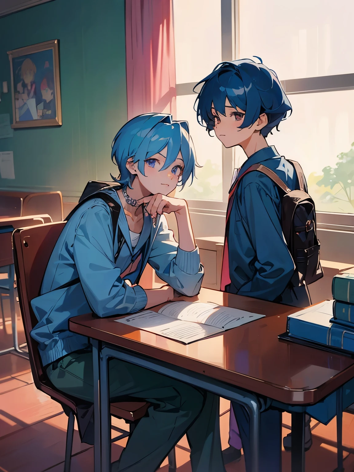 cartoon of two boys sitting at a table with a book and a backpack, ddlc, in the art style of 8 0 s anime, 9 0 s anime style, 90s anime style, in anime style, in an anime style, anime aesthetic, anime vibes, 9 0 s anime aesthetic, 9 0 s anime art style, lofi boy, typical anime classroom, beautiful background window, two cute boys, beautiful faces, two boys, don't extra hands, NO extra hands, generate two boys with NO extra hands, NO extra arm