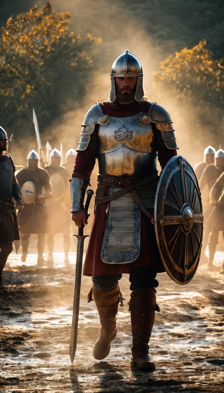 Arafed man in armor standing in front of a line of soldiers, VIQUINGUES, Cultura Viking, guerreiro Viking, Guerreiro Viking antigo, an epic viking battle scene, viking and templar aesthetics, estilo Viking, norse warrior, armadura Viking, epic viking king, traje Viking, wearing norse armor, armadura Viking detalhada, Viking, Rei Viking, usando roupas VIQUINGUES, (best quality, ultra-detailed, realistic: 1.37), ancient art style, golden hues, evening sunlight, dramatic shadows, courageous poses, historical accuracy, war art, intense lighting, epic realistic, Soft cinematic portrait, adobe lightroom, photographic lab, altamente detalhado, desbotado, (cores neutras: 1,2), (hdr: 1,4) , (cores suaves:1.2), hiperdetalhado, (artstation:1.4), cinemactic, luzes quentes, dramatic light, (detalhes intrincados:1.1), fundo complexo, (rutkowski:0.66), (azul e laranja:0.4), 8K