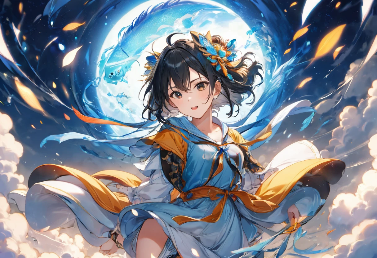 (masterpiece, best quality:1.2), bite_style,1 person,girl,cloud,Tianguan,animation