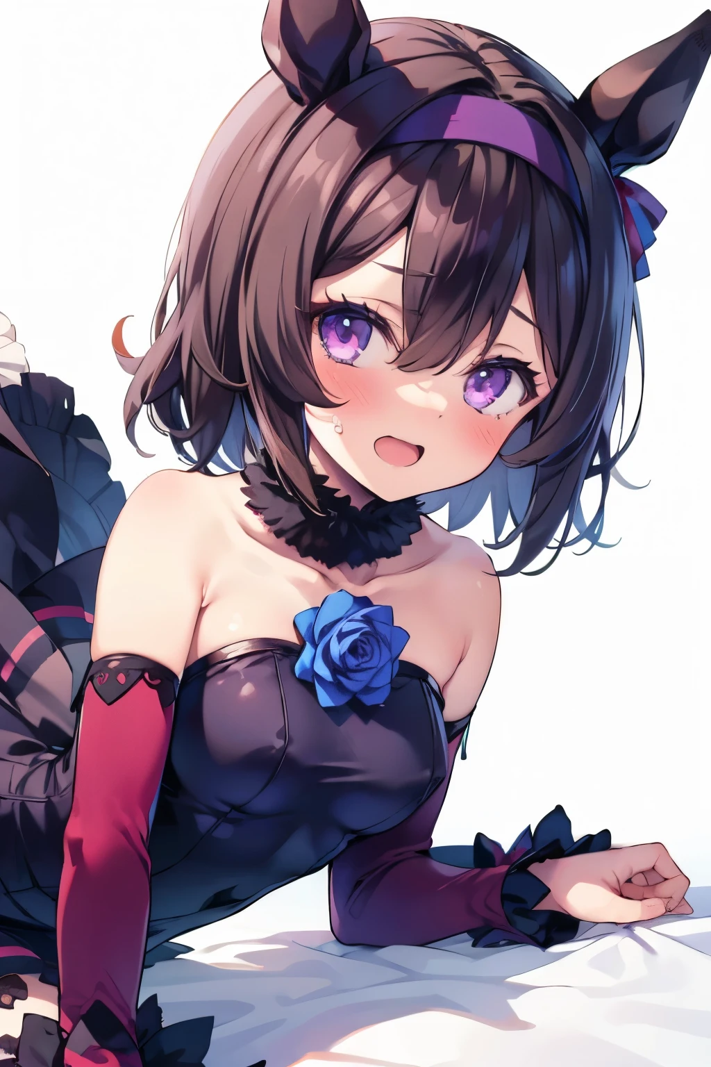 lying down,close up face,ウマ娘のNishinohana,Uma Musume,Nishinohana,short hair,red headband,beautiful purple eyes,black dress,frills,Blue rose,black stockings,cute,Curvaceous,smile with open mouth,blush,embarrassed face,upward glance,simple background,best image quality,highest quality,masterpiece