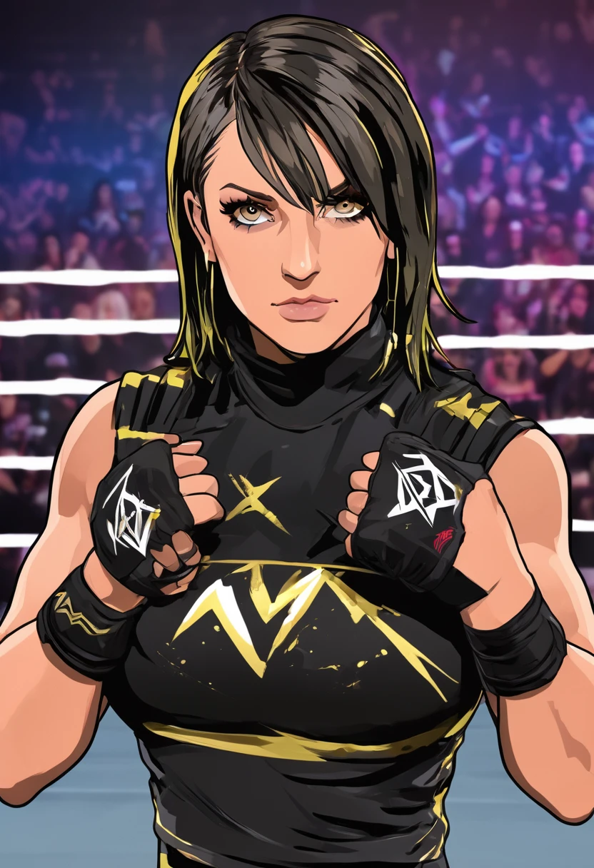 Rhea Ripley, goth, black hair, wwe, in Japanese wrestling ring, masterpiece, high quality, highly detailed, dynamic shadows, HDR, UHD, Studio lighting, dramatic lighting, detailed fingers, high contrast