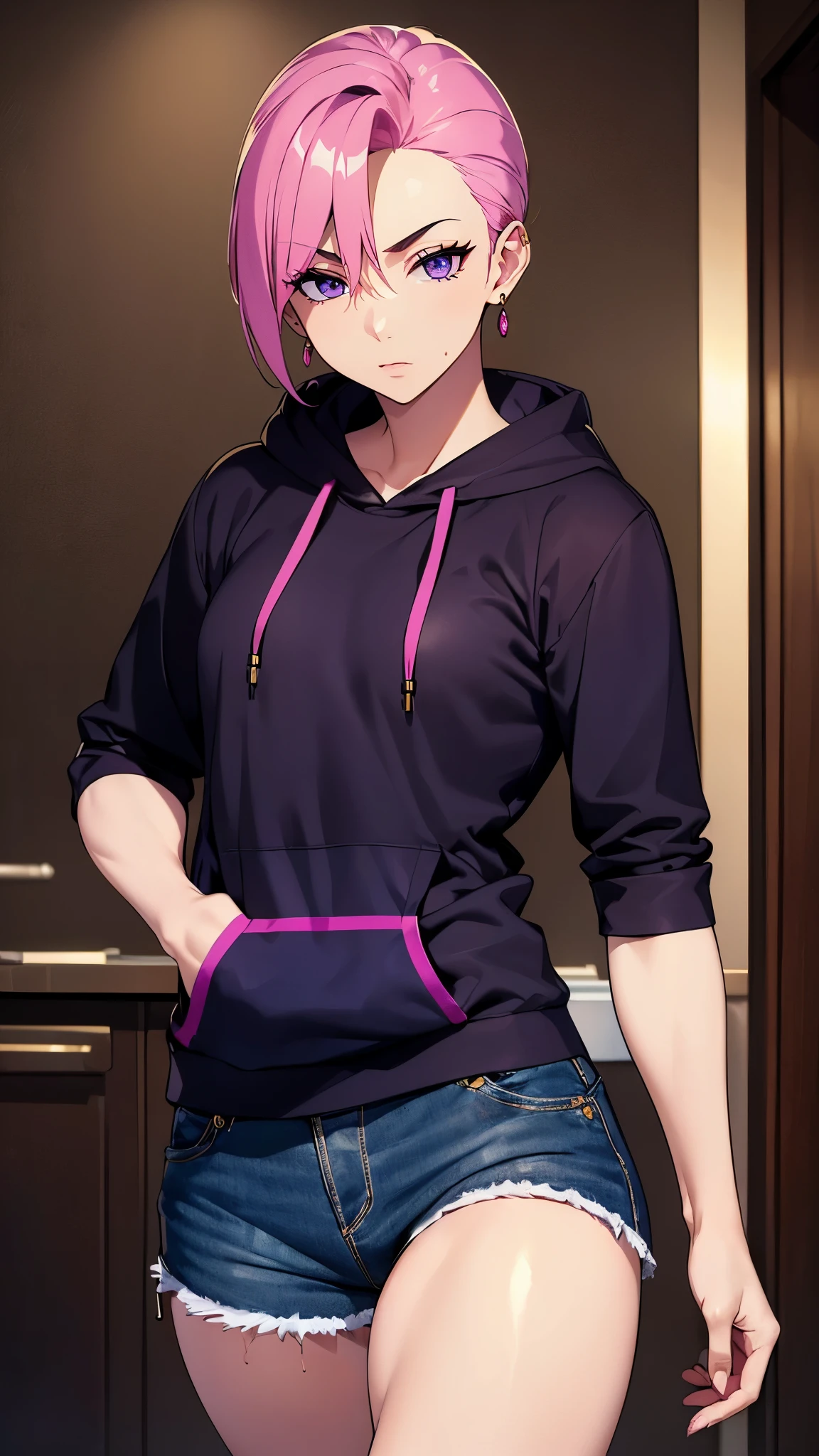 ((8K resolution))、((highest quality))、((masterpiece))、((Super detailed))((((dramatic))), (anatomically correct)、Depth of object being written、look at the camera、one person、one personのJK、front、Thin but muscular body, toned arms, long and thin legs, small breasts、Athletic Presence,(drill hair)、gold earrings、purple eyes、half closed eyes / Bad mood 、tattoo、(theme、whole body:1.1), micro shorts , hoodie、neon pank style、punk
