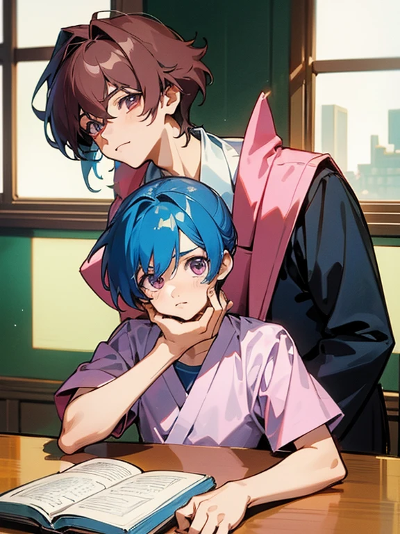 cartoon of two boys sitting at a table with a book and a backpack, ddlc, in the art style of 8 0 s anime, 9 0 s anime style, 90s anime style, in anime style, in an anime style, anime aesthetic, anime vibes, 9 0 s anime aesthetic, 9 0 s anime art style, lofi boy, typical anime classroom, beautiful background window, two cute boys, beautiful faces, two boys, don't extra hands, NO extra hands, generate two boys with NO extra hands, NO extra arm
