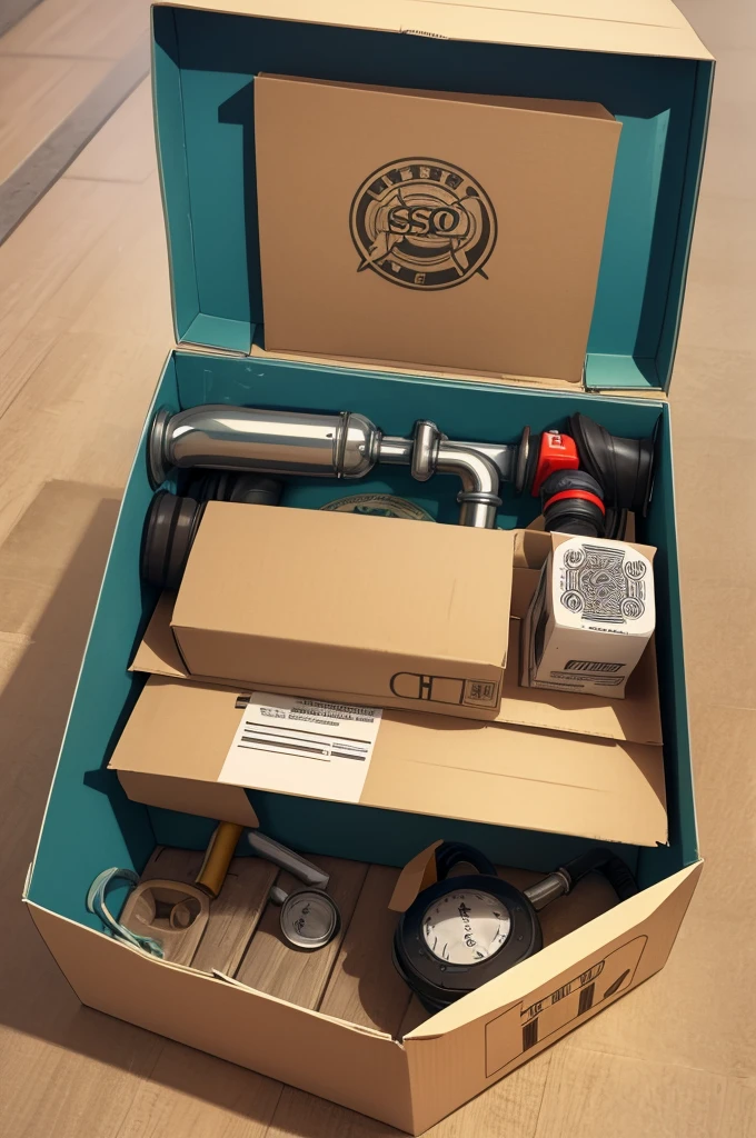 An open carton box with pipes, valves and an sos button in the shape of a shield