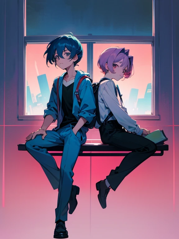 cartoon of two boys sitting at a table with a book and a backpack, ddlc, in the art style of 8 0 s anime, 9 0 s anime style, 90s anime style, in anime style, in an anime style, anime aesthetic, anime vibes, 9 0 s anime aesthetic, 9 0 s anime art style, lofi boy, typical anime classroom, beautiful background window, two cute boys, beautiful faces, two boys, don't extra hands, NO extra hands, generate two boys with NO extra hands, NO extra arm