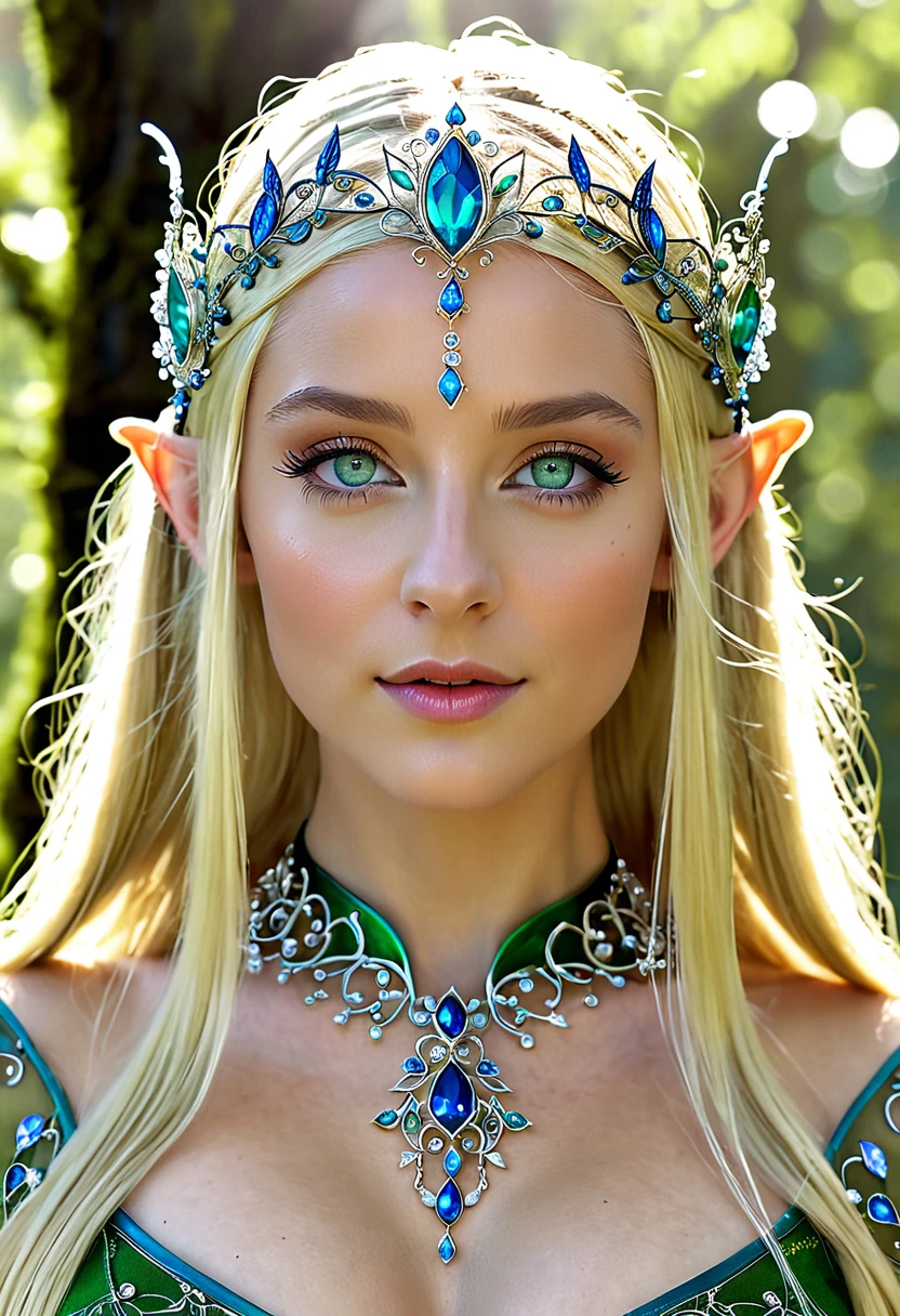 (masterpiece, best quality:1.2), 1girl, solo, blond long hair, blue eyes, small face, nsfw, small breast, green filigrane seethrough elvendress, outdoor, forrest, old forrest, anatomically perfect body, perfect skin, perfect genitals, full body view, 4k, elven princess, jeweled ornament over forehead, blonde elvish empress, jeweled headdress,