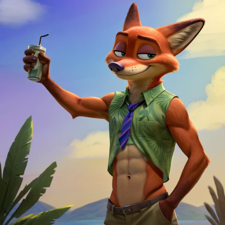 Nick Wilde with abs wearing a crop top of his Hawaiian green shirt with indigo tie and khaki pants with a bare midriff and a bare navel , digital art, ((perfect face)), ((best quality)), ((masterpiece))