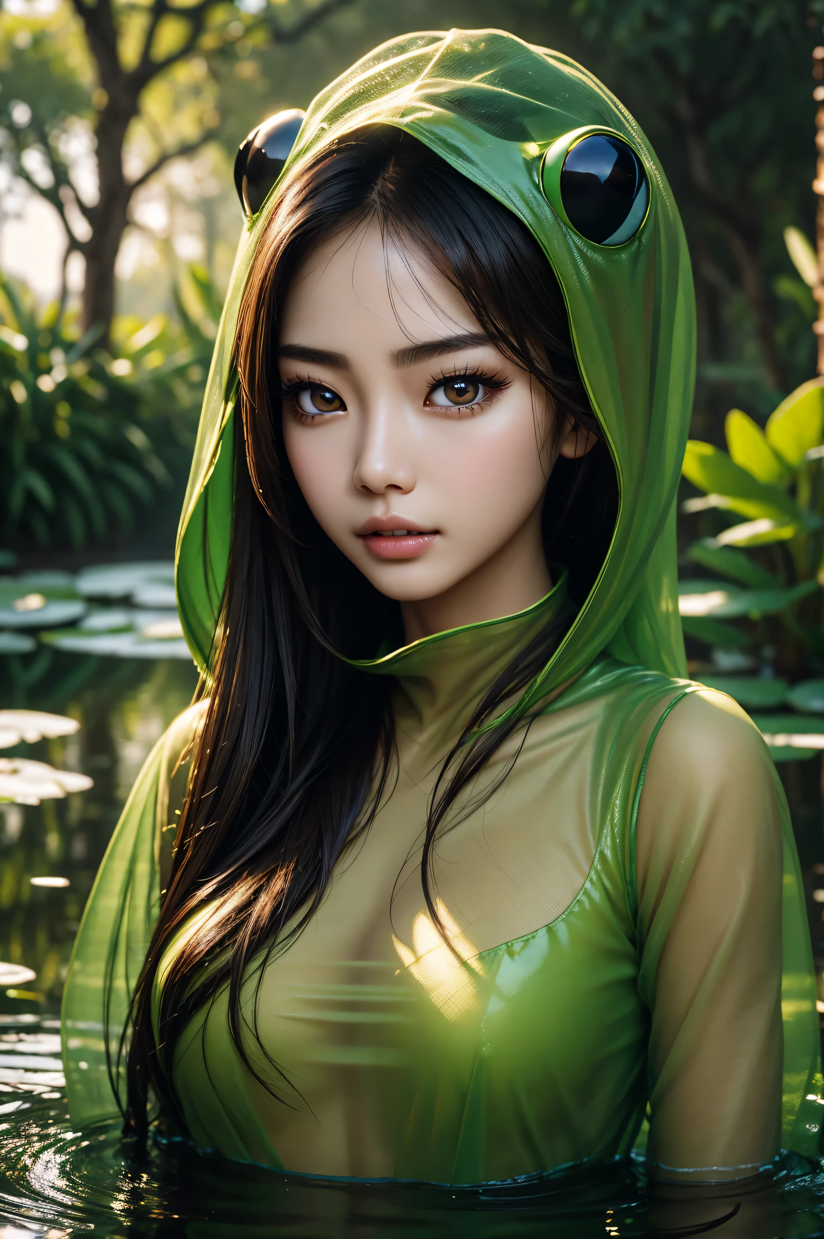 Angelababy, wearing frog costume transparent. professionally retouched, soft lighting, realistic, smooth face, perfect eyes, sharp focus on eyes, 8 k, high definition, insanely detailed, intricate, elegant. against the background of the pond.