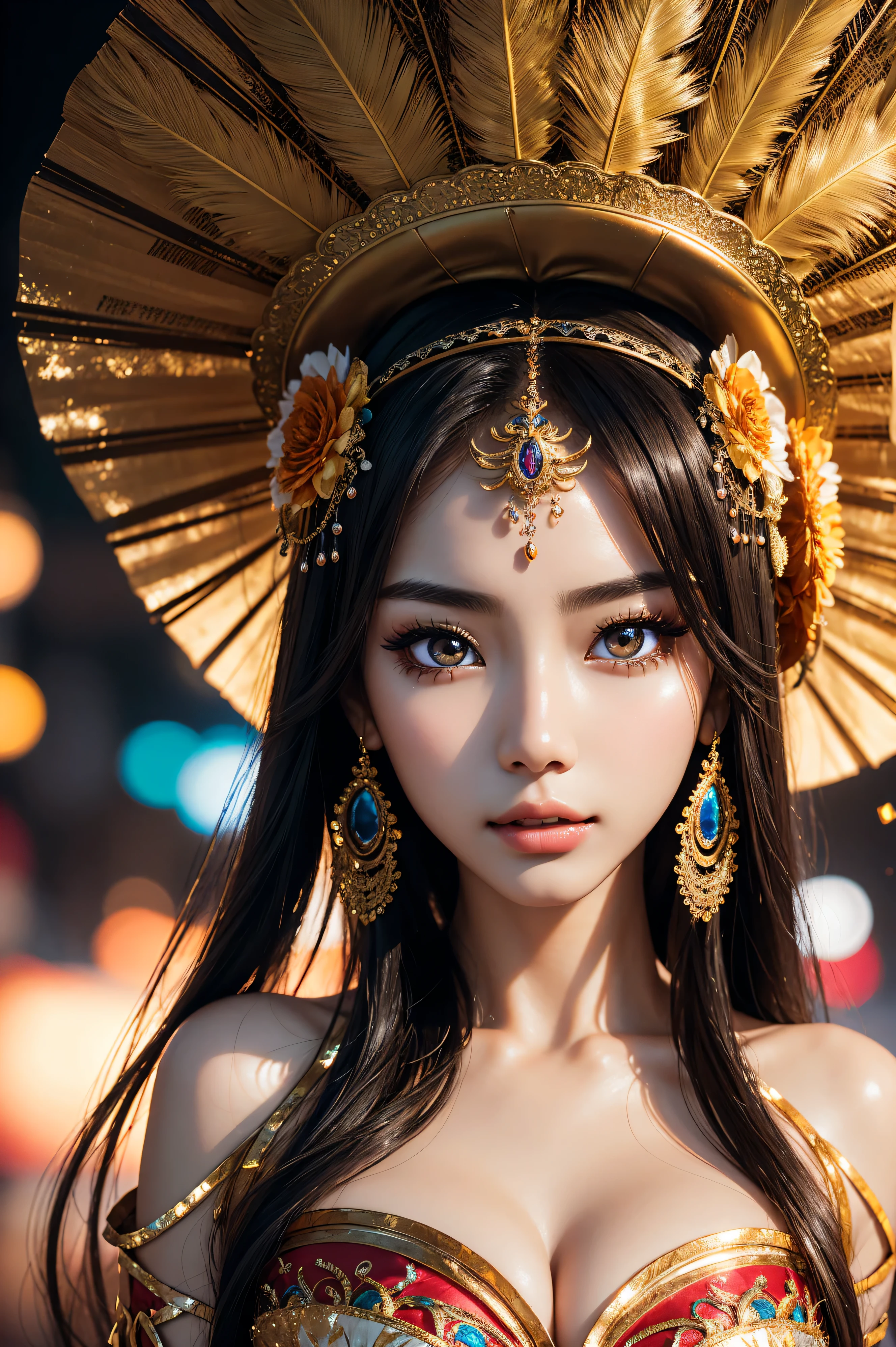 Angelababy, wearing Carnival costume costume transparent. professionally retouched, soft lighting, realistic, smooth face, perfect eyes, sharp focus on eyes, 8 k, high definition, insanely detailed, intricate, elegant. against the background of carnival in Brazil.