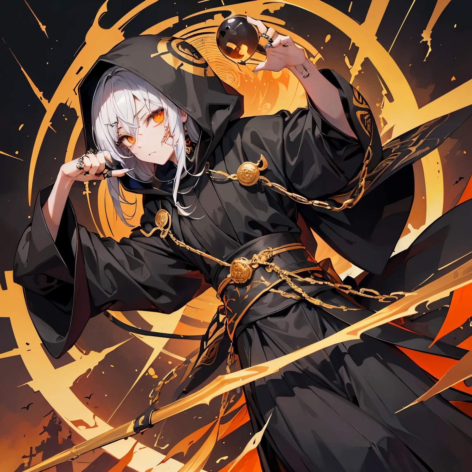 （masutepiece）（high-detail）(intimidating angle）frmale in his 20s、art tattoo under eyes、black robe hood off with golden les、Slightly bloody、grim facial expression、Decadent heavenly atmosphere, solo, 1girl, orange eyes with ring pattern,