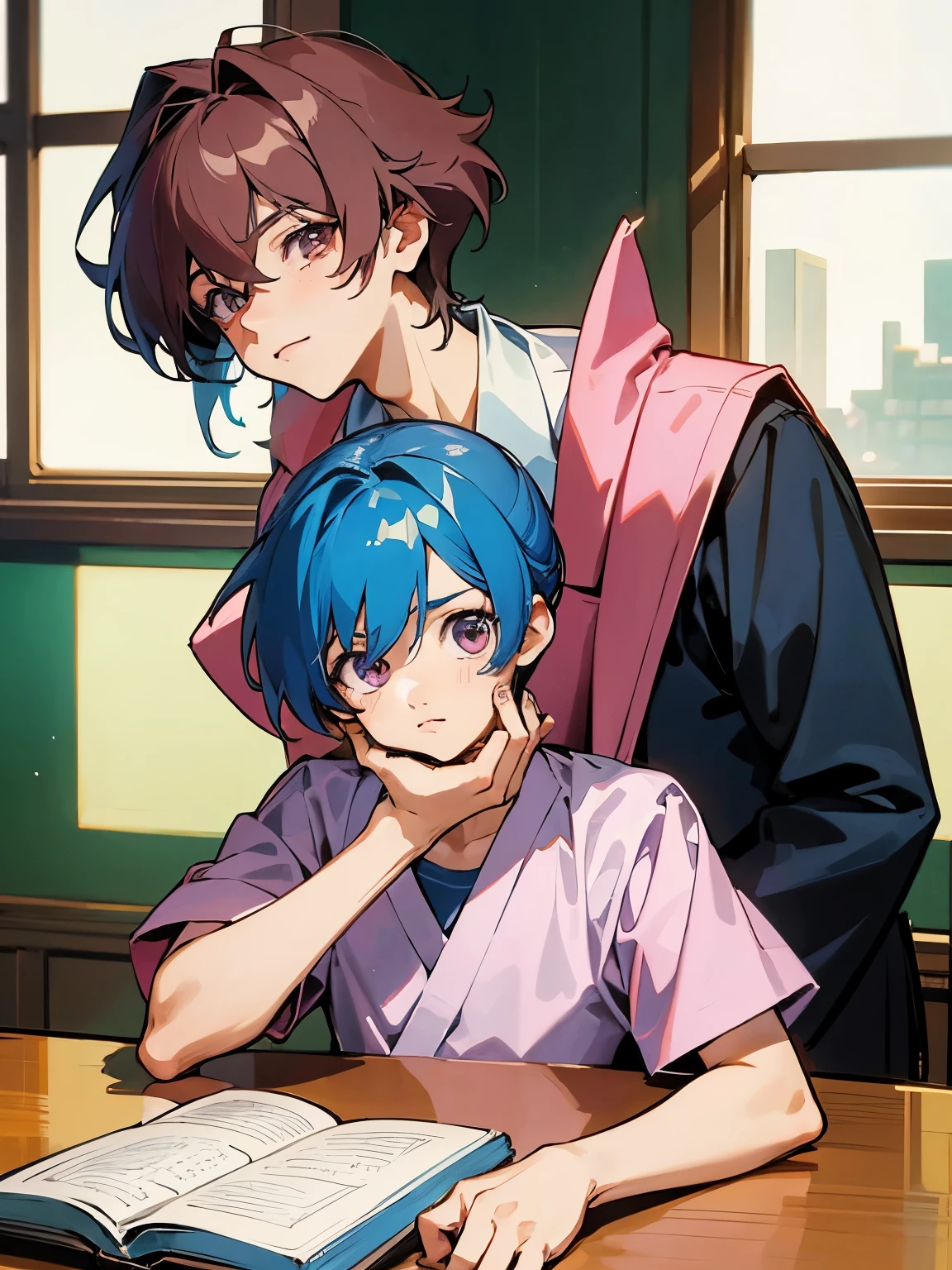 cartoon of two boys sitting at a table with a book and a backpack, ddlc, in the art style of 8 0 s anime, 9 0 s anime style, 90s anime style, in anime style, in an anime style, anime aesthetic, anime vibes, 9 0 s anime aesthetic, 9 0 s anime art style, lofi boy, typical anime classroom, beautiful background window, two cute boys, beautiful faces, two boys, don't extra hands, NO extra hands, generate two boys with NO extra hands, NO extra arm
