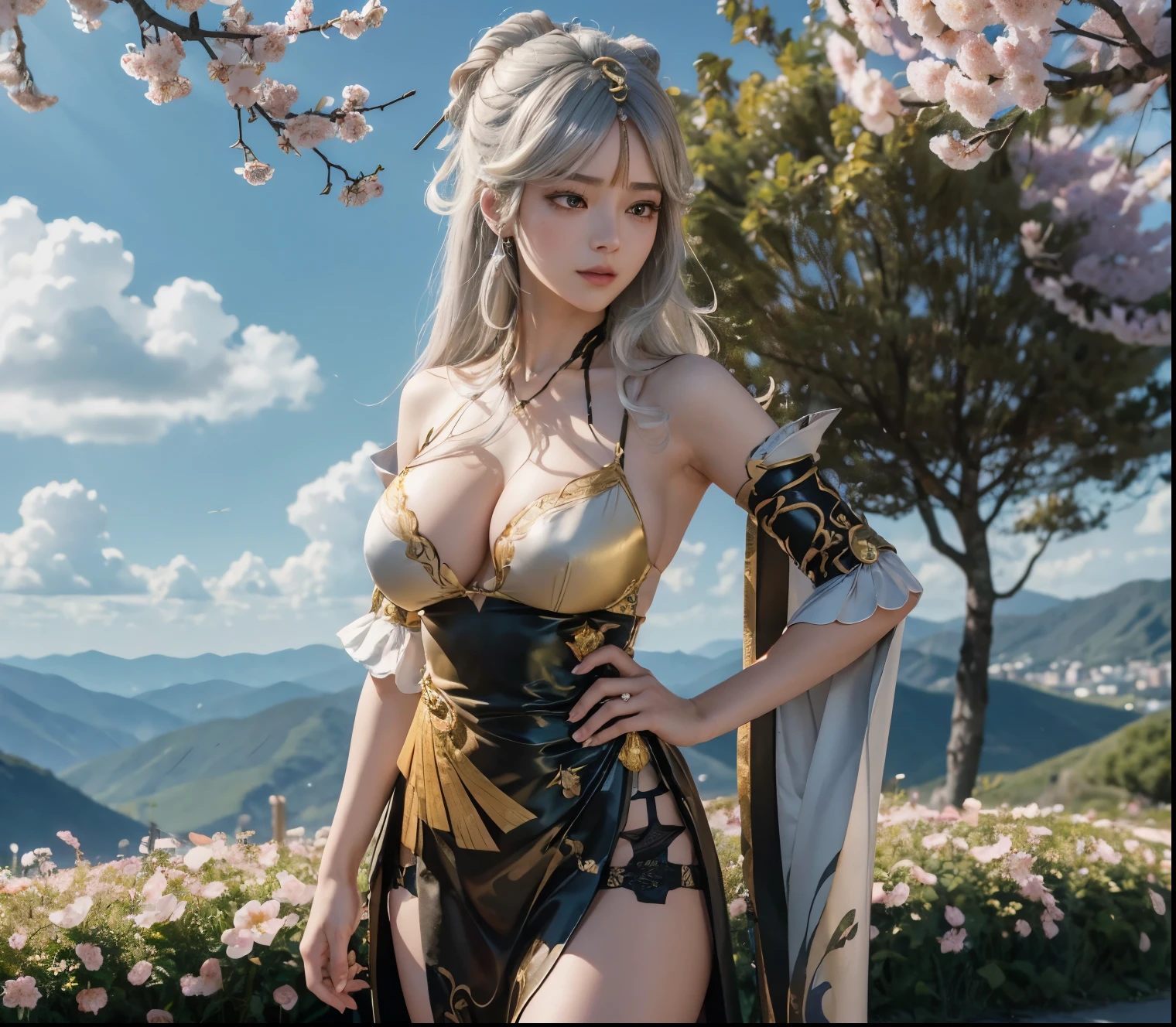 anime style, (masterpiece:1.35),(bestquality:1.4), 8k,ultra-detailed, photography, (ultra-realistic:1.4), film grain, Fujifilm XT3, depth of field, female focus, mature female, (sexy Asian female:1.45), adult, looking at nature view, sidelook, bare shoulders, blush, seductive smile, fresh lips, detached sleeves, earrings, fingernails, hair between eyes, hair bangs, (silver hair)!!, very long hair, detailed realistic hair, golden hair pin ornament, japanese clothes, kimono clothes, detailed realistic clothes, jewelry, yellow gemstone, detailed jewelry, short dumbbell neck, neck garter, leather necklace, plump breasts, (breast cleavage)!!, super seductive temptation, open skirt, petticoat, fishnet legs, stockigs, smooth thighs cleavage, garter thighs, armpit, erotic, nontraditional ningguang, colored sharp eyes, detailed eyes, (shiny eyes pupils:1.25)!!, (homochromatic eyes)!!, cherry blossom, sidelocks, (standing on the flower field)!!, There are birds in the sky, There are butterflies, Snowy mountain in the background, The sky is blue, riversides, ningguang \(genshin impact\), (correct anatomically)!!