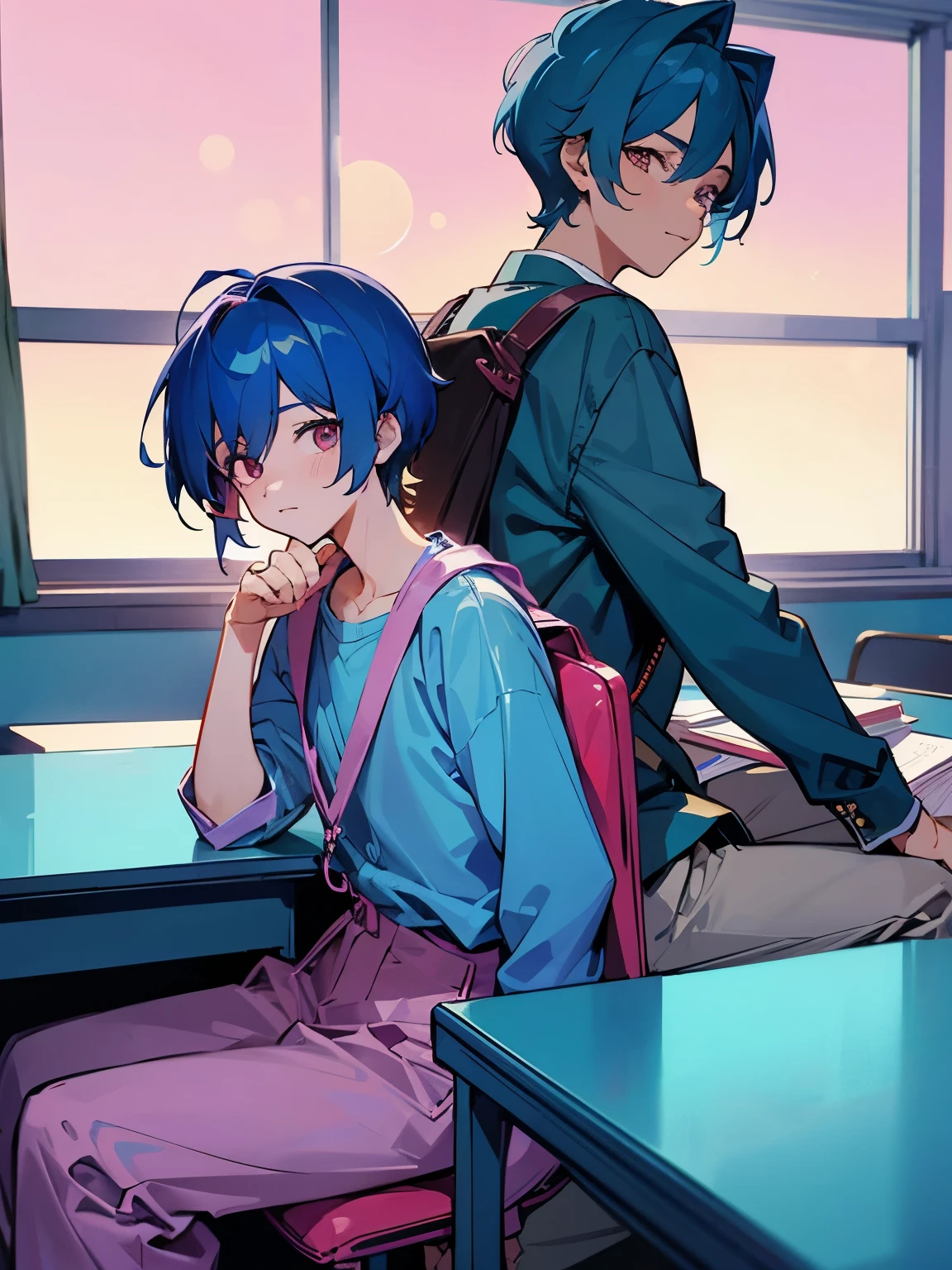 cartoon of two boys sitting at a table with a book and a backpack, ddlc, in the art style of 8 0 s anime, 9 0 s anime style, 90s anime style, in anime style, in an anime style, anime aesthetic, anime vibes, 9 0 s anime aesthetic, 9 0 s anime art style, lofi boy, typical anime classroom, beautiful background window, two cute boys, beautiful faces, two boys, don't extra hands, NO extra hands, generate two boys with NO extra hands, NO extra arm