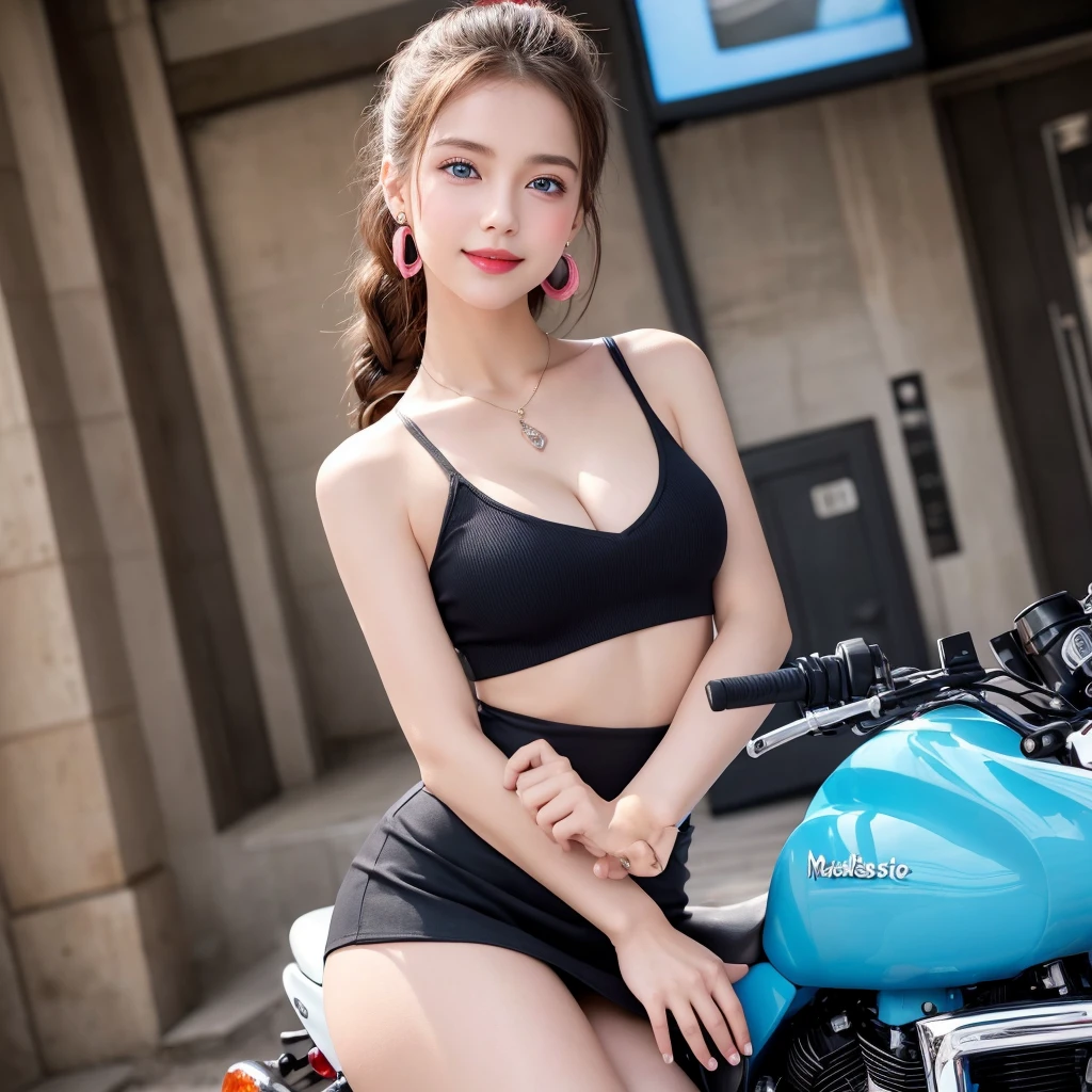 (highest quality:1.3、masterpiece:1.3)、ultra hd、(girl、solo)、atmospheric perspective、detailed face、blue eyes、Red ribbon and ponytail hair、pink lips、shiny skin、line of sight、black mini skirt、riders jacket、Tank top、D cup bust、thighs、blush、smile、earrings、cleavage、motorcycle、straddle、Angle from below、background blur、