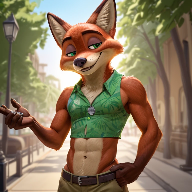 Nick Wilde with abs wearing a crop top of his Hawaiian green shirt with indigo tie and khaki pants with a bare midriff and a bare navel , digital art, ((perfect face)), ((best quality)), ((masterpiece))