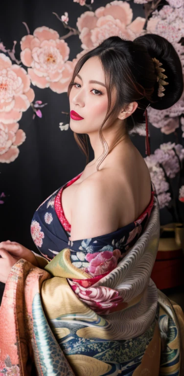 (Masterpiece, Best Quality:1.3), (thick lineart), (faux traditional media), highres, official art, best illustration, (8k resolution), oiran, 1girl, mature female, solo, japanese clothes, from above, breasts, obi, stylish, intricate, fantastic, fairytale, fantasy art, (detailed face), lying on a bed of flowers, on back, (lovely eyes, looking at viewer, lipstick), very long hair, voluminous, low ponytail, depth of field, silhouette, perfect, makeup, lovely, (details:1.2), camellia, various colors, vivid, colorful, shiny, sky, stars, lumen global illumination, (background in the style of Hokusai Katsushika:1.3), water, ripples