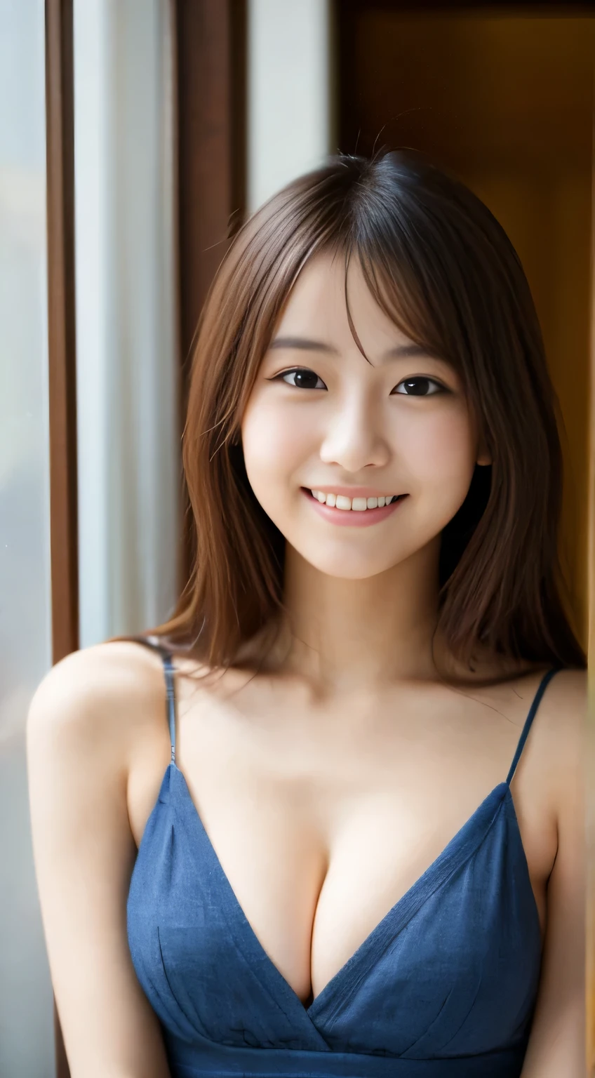 masterpiece,best quality,(Japanese ),((Beautiful girl)),cleavage,indoor,(perfect body beauty:1.2),(shy smile),beautiful teeth,
