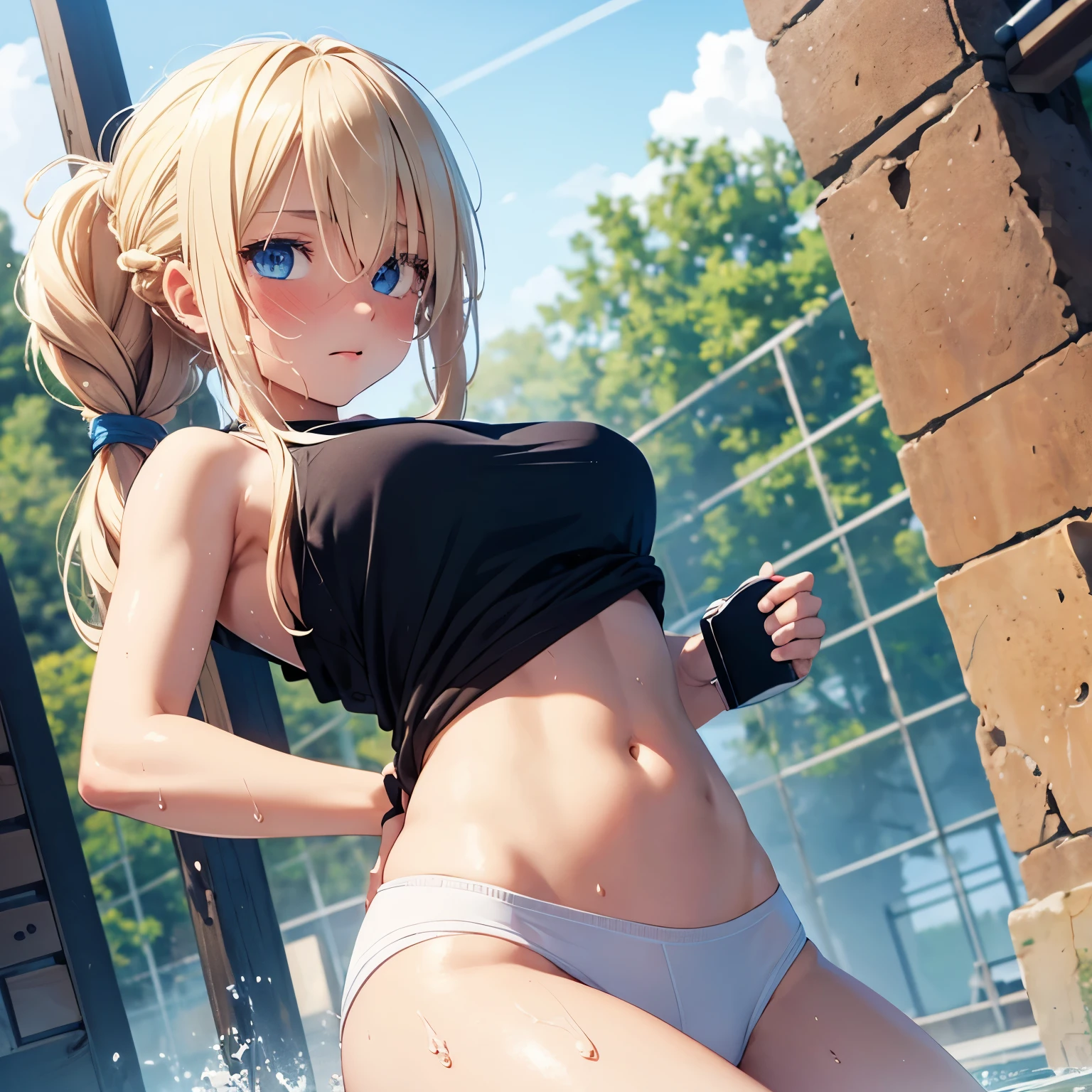 one girl, naked, big, realistic face, Wet, navel, Vagina, White sneakers, gym, blonde hair, braided ponytail, hair over one eye, sunglasses, blue eyes, shy, tongue, full blush, anime, from below, masterpiece, anatomically correct, high quality