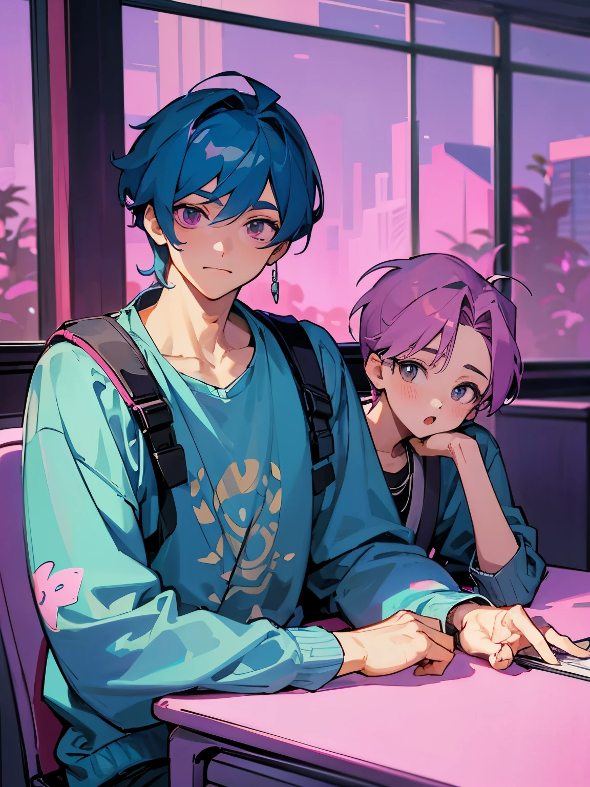 cartoon of two boys sitting at a table with a book and a backpack, ddlc, in the art style of 8 0 s anime, 9 0 s anime style, 90s anime style, in anime style, in an anime style, anime aesthetic, anime vibes, 9 0 s anime aesthetic, 9 0 s anime art style, lofi boy, typical anime classroom, beautiful background window, two cute boys, beautiful faces, two boys, don't extra hands, NO extra hands, generate two boys with NO extra hands, NO extra arm