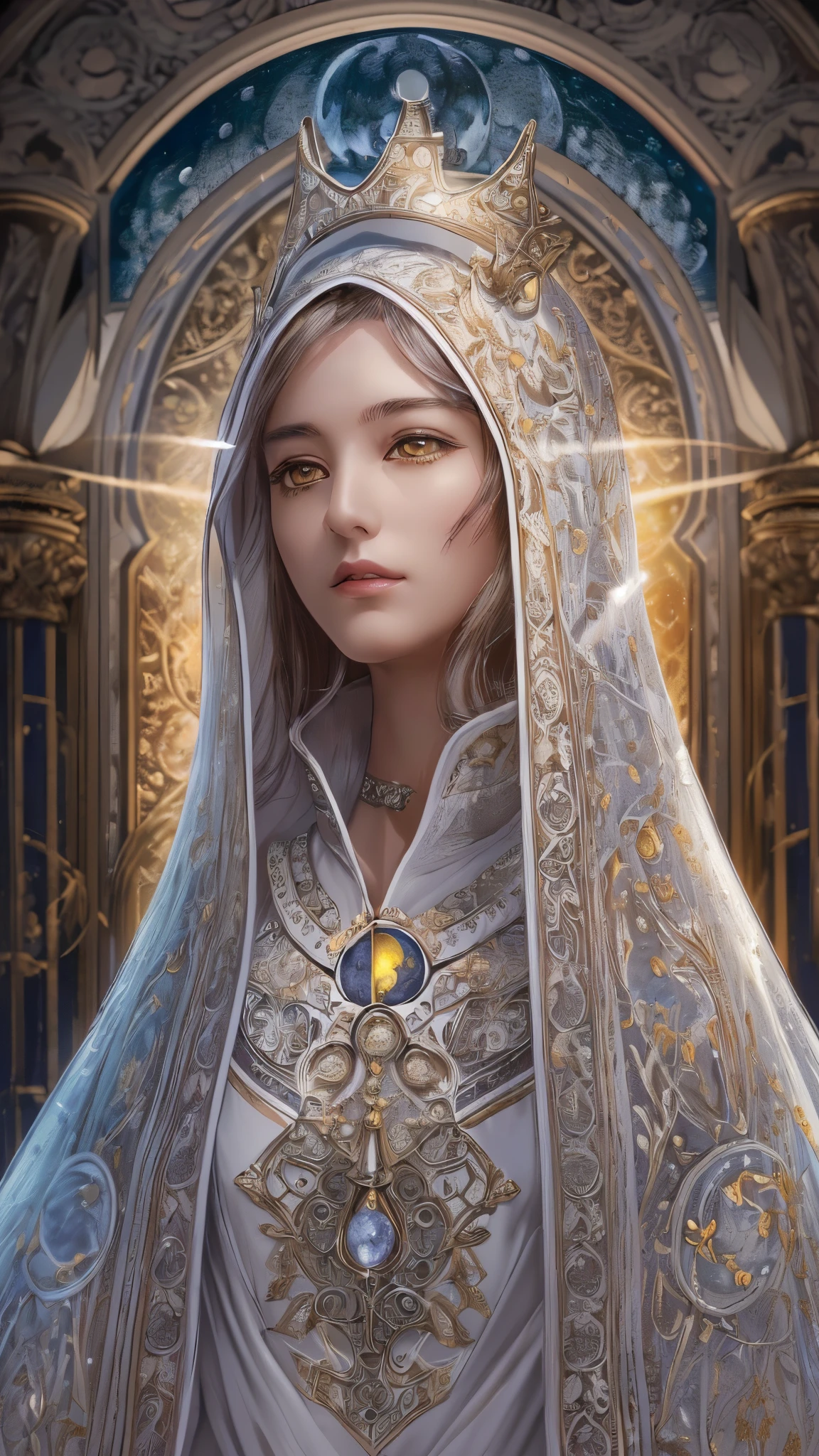 ((highest quality)),(ultra high resolution),(Super detailed),(detailed description),((best CG)),(best work of art),super precision art,amazing drawing art,(Fantasy art with intricate detail:1.5), (Female Pope:1.6),(beautiful and well-shaped face:1.4),(Intricately embroidered robes:1.3), (((Moonlight shines vertically:1.6))), big stained glass,Kneel and pray, Majestic