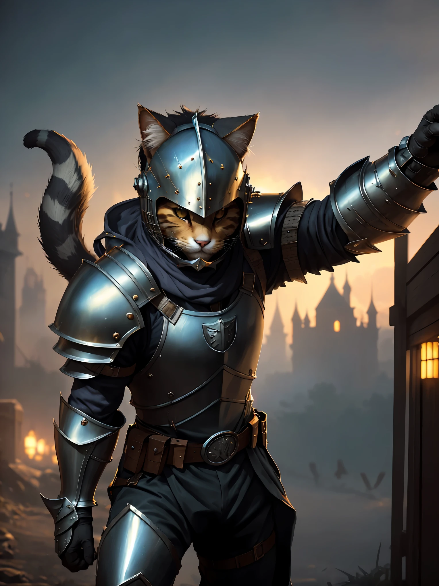 Cat Knight, Knight Cat, Feline Warrior, Medieval Style, Armor, Longsword, Shield, Helmet, Knight Armor, Cat Ears, Cat Tail, Cat Claws, Battle Stance, Dynamic Scene, Castle Background, Epic Feel (best quality,4k,8k,highres,masterpiece:1.2), ultra-detailed, (realistic,photorealistic,photo-realistic:1.37), HDR, studio lighting, ultra-fine painting, sharp focus, physically-based rendering, extreme detail description, professional, vivid colors, bokeh, portraits, landscape, heroic, fantasy, vibrant tones, dynamic lighting