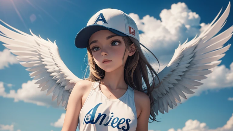 One angel with wings on both shoulders wearing a baseball cap.