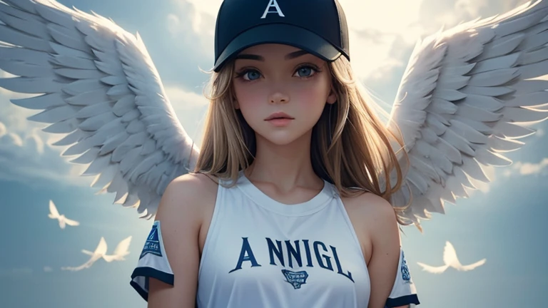 One angel with wings on both shoulders wearing a baseball cap.

