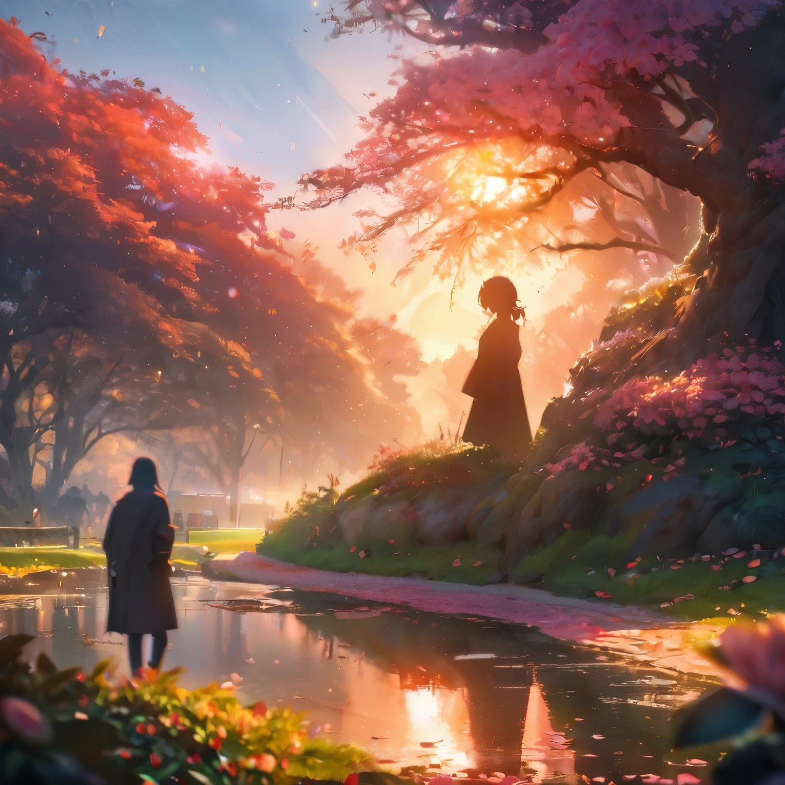 (best quality,8k,highres, masterpiece:1.2), ultra-detailed, HDR, UHD, studio lighting, ultra-fine painting, sharp focus, physically-based rendering, extreme detail description, professional, vivid colors, bokeh, portraits, concept artists, warm color palette, dramatic lighting,magnolias in full bloom, in front of the magnolia tree in the park, tears, the sun is behind the magnolia tree, backlight, multiple exposure, complex scene,(silhouette art),side view,