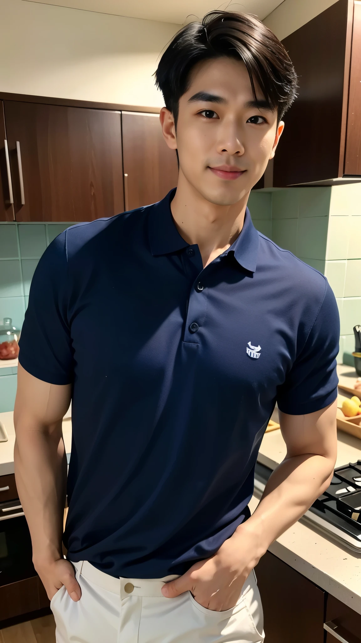 1 man, smile, (Wear a navy polo shirt.: 1.3), round neck, short sleeve shirt), Camouflage pants ,, Korean guy , korean men, (High gloss details), chest muscles, Big arm muscles, blood vessel, big muscles, Broad shoulders, looking at the audience, Balancing the eyes, (Make eye contact),(in the kitchen: 1.4)