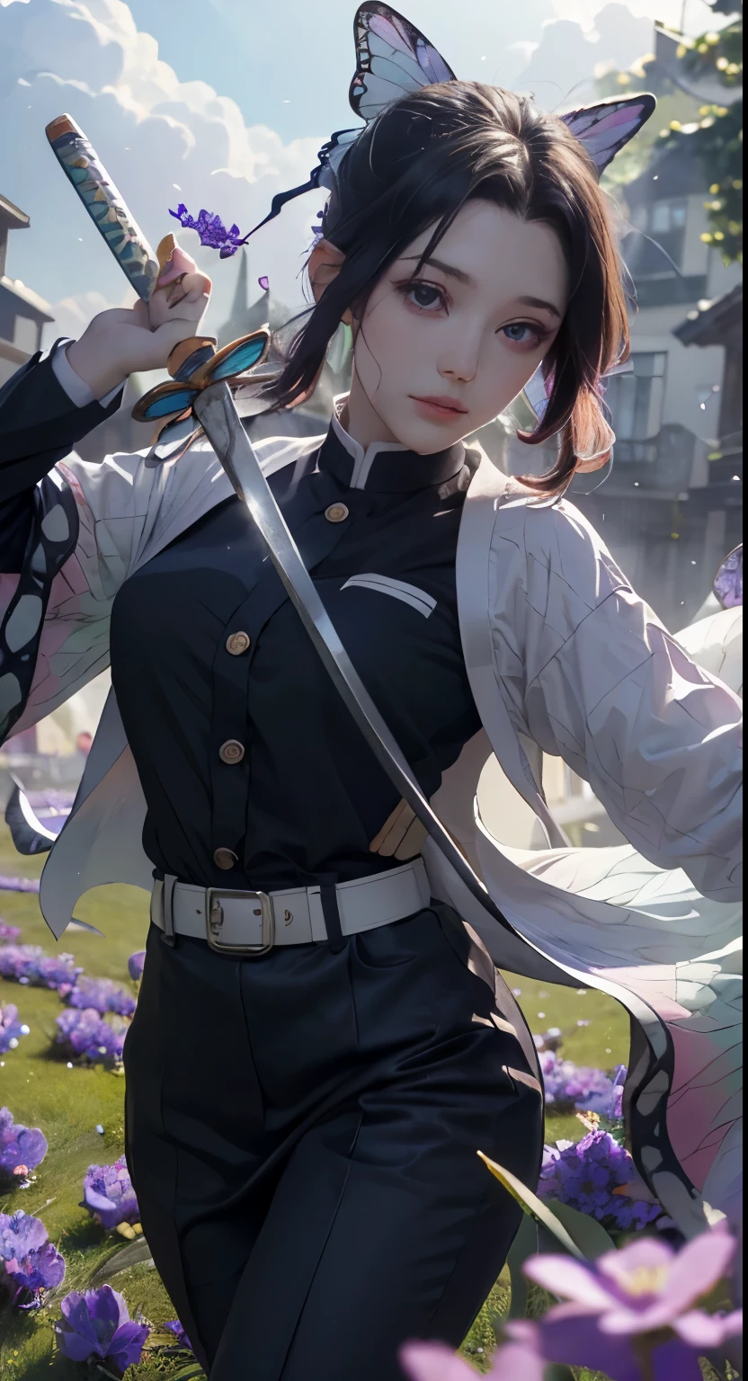 Ultra-realistic 8k CG, masterpiece,(mini skirt:1.4) close, (weapon in hand: 1.2), (attack: 1.2), beauty, goddess, from the front, face sticking out, (super detailed background, delicate pattern, intricate details)), high quality, highly detailed face, highly detailed eyes and face, highly detailed eyes, kocho shinobi, colorful hair, No bangs, hair intake, purple eyes, amount, black shirt, black pants (Haori, butterfly, button, belt, (garden: 1.2), purple flowers, Chibi, cloudy null, sunlight, Tyndall effect, Slope_null, face, gorgeous null, Sword at the waist,