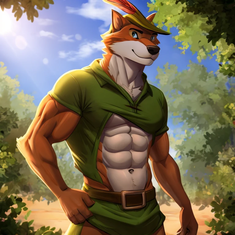 a digital artwork of Robin hood with abs wearing a crop top of his outfit with a bare midriff and a bare navel