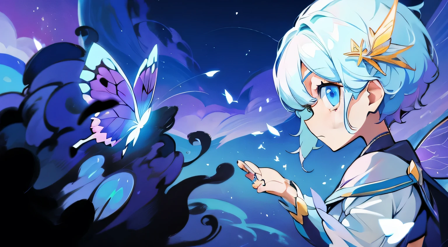 Holding a butterfly、Anime girl watching a butterfly, magical girl anime mahou shojo, wallpaper!, background artwork, astral fairy, fantastic anime, Cirno anime portrait, anime style 4k, anime fantasy illustration, fantasy style anime, in ryuuou no oshigoto art style, There's a magical aura around her, from desire, sky witch