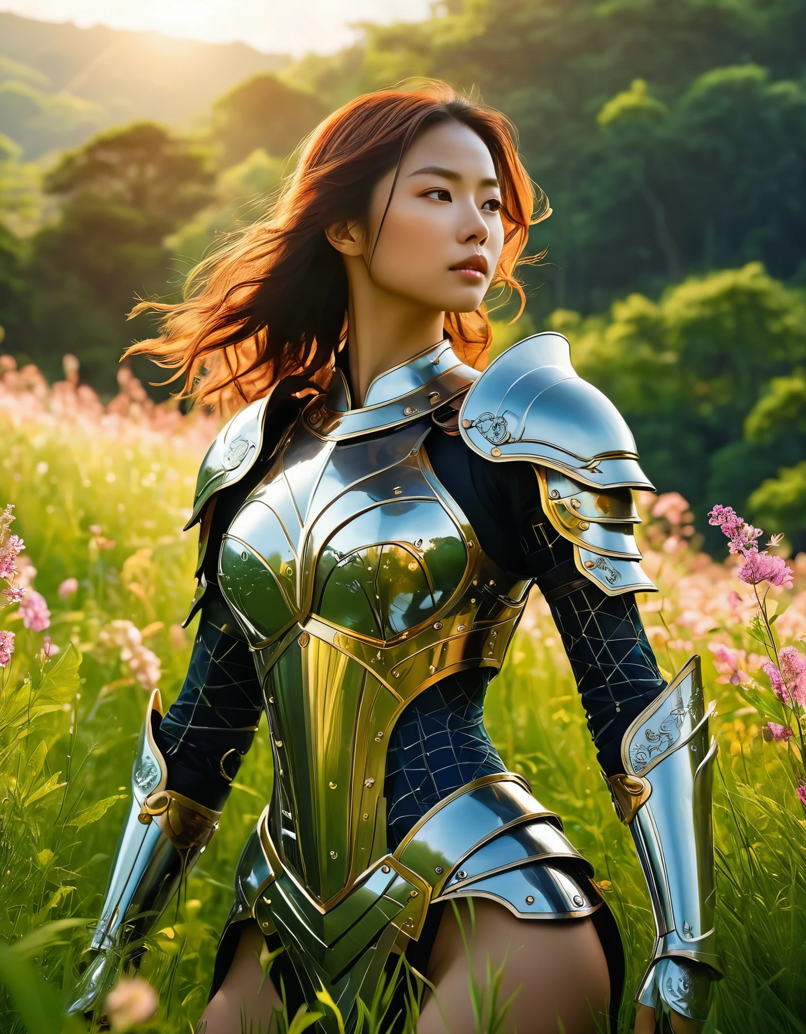 
A stunning portrayal captured by the talented artist Kentaro Miura on Artstation, presents a captivating scene of a woman gracing a lush, sun-kissed meadow, observed from a striking vantage point behind her. The vivid depiction offers a photo-realistic rendering, immersing the viewer into the serene ambiance of the countryside.

In this exquisite phtoto, the woman's form is beautifully emphasized, drawing attention to her curvaceous figure accentuated by the lush greenery surrounding her. Notably, the focus lies on her exquisite bottom body, showcased with meticulous detail and a sense of sensuality. (full body view:1.6) view from behind

What sets this composition apart is the unexpected element of the woman adorning armor, a juxtaposition of femininity and strength. The intricate design of the armor adds a touch of mystique and allure to the scene, hinting at a narrative rich with depth and character.

Overall, this AI-generated image prompt transports the viewer into a realm of fantasy and intrigue, inviting them to explore the captivating beauty of nature intertwined with elements of strength and femininity.
