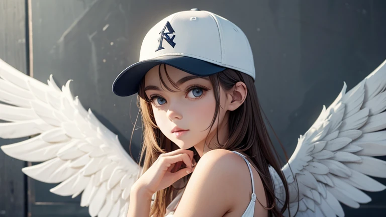 One angel with wings on both shoulders wearing a baseball cap.


